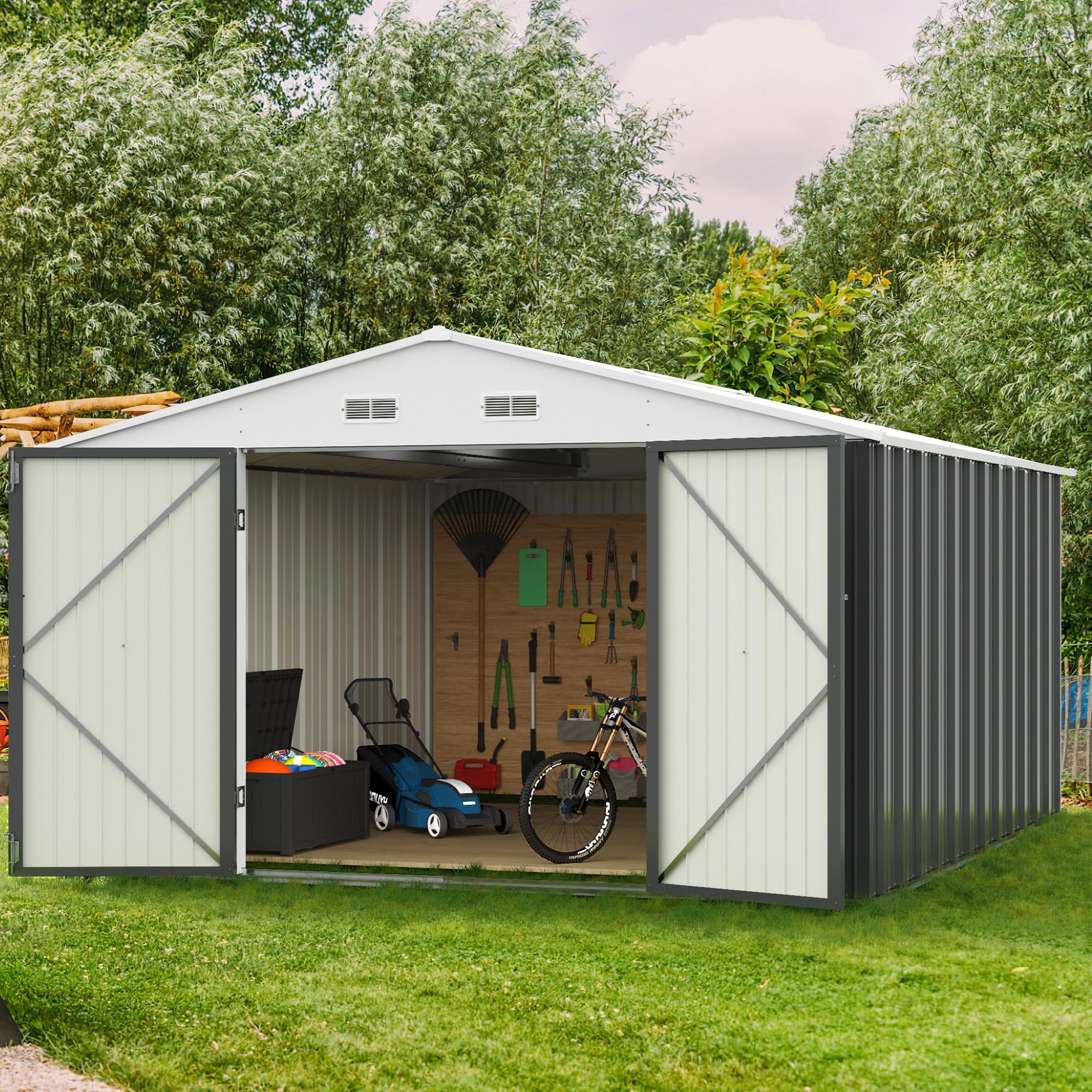 Gunji 10 X 10 Ft Shed Outdoor Storage Shed Metal Garden Shed With Lockable Door Outside Waterproof Tool Shed For Backyard, Patio