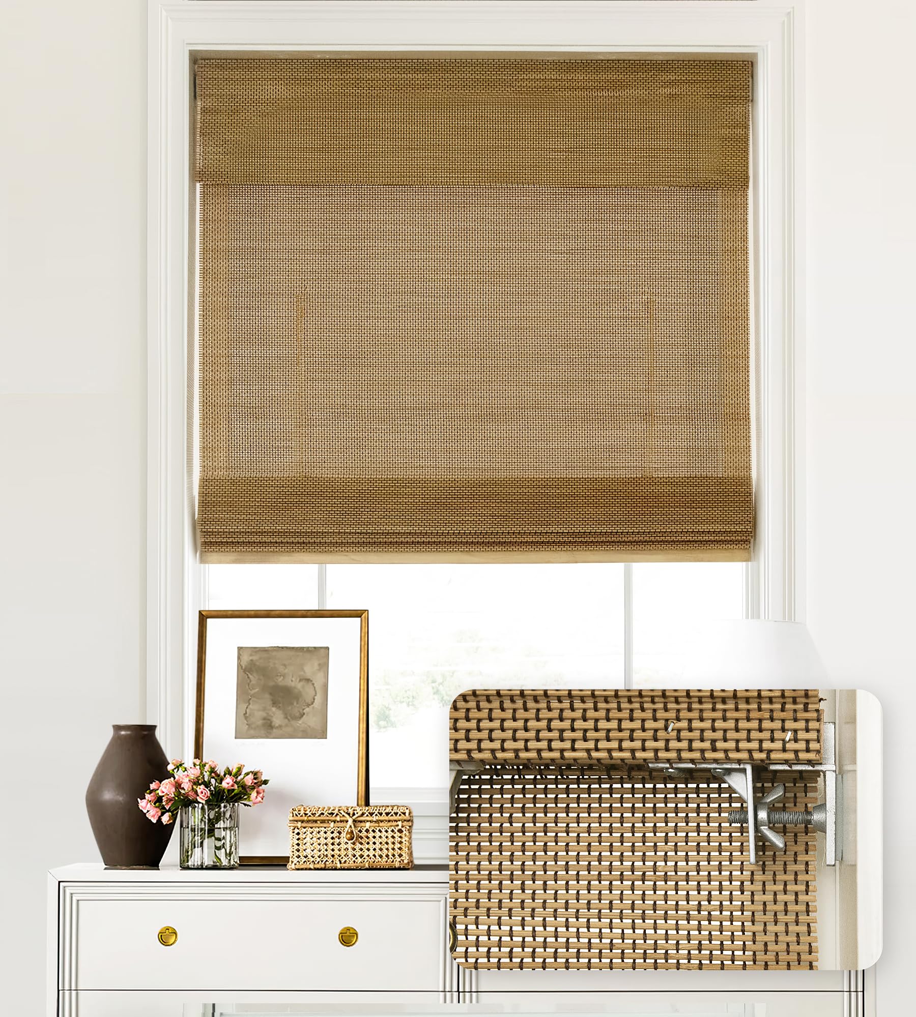LazBlinds No Tools No Drill Cordless Bamboo Roman Shades, Light Filtering Window Treatment, Roll Up Bamboo Blinds for Window 29