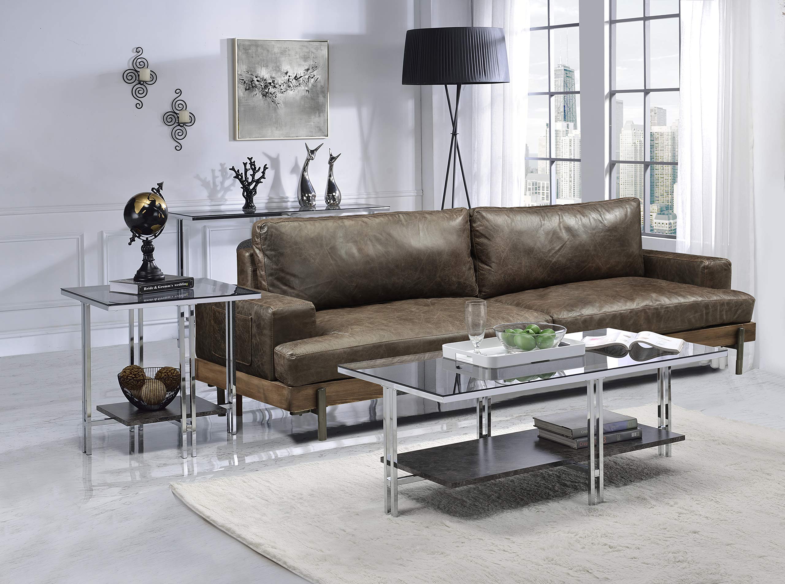 Acme Liddell Rectangular Glass Top Sofa Table with Shelf in Chrome and Clear