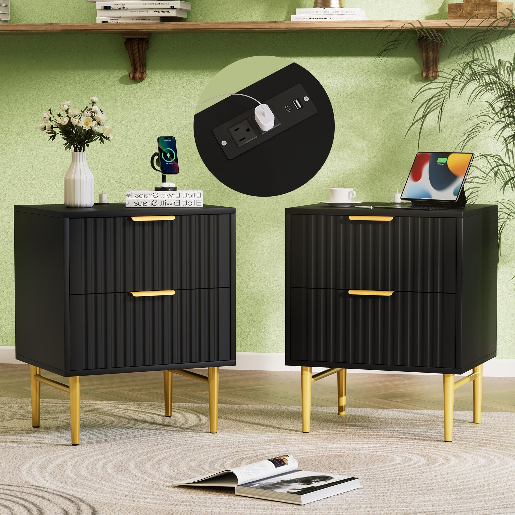 HQZX Black Nightstand Set of 2 with Charging Station, Fluted Nightstand with Drawers, Modern Bedside Table with Gold Legs, End T