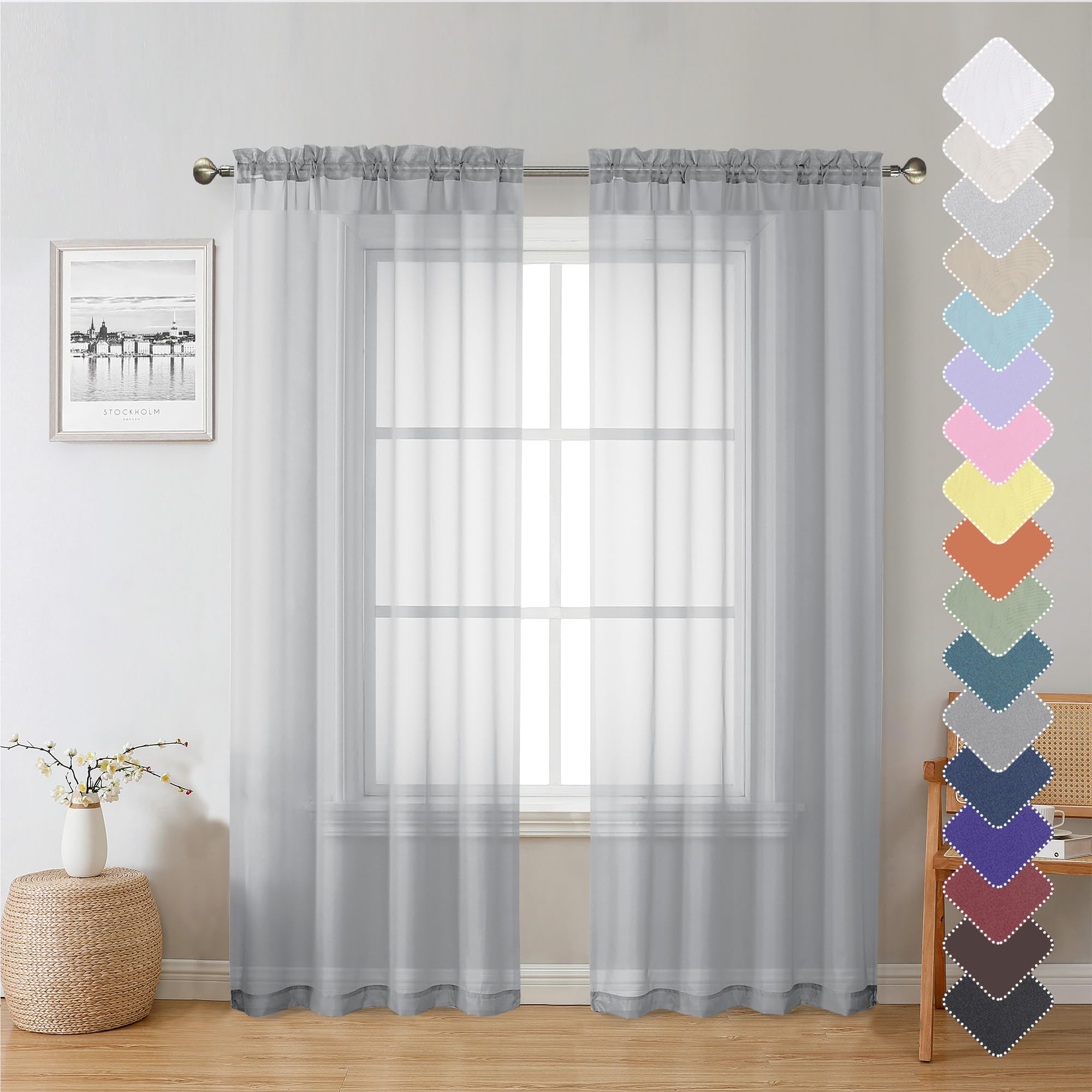 Lecloud Light Grey Sheer Curtains 72 Long, 2 Panels, Soft Voile Drapes with Dual Rod Pockets for Bedroom, 40W x 72L