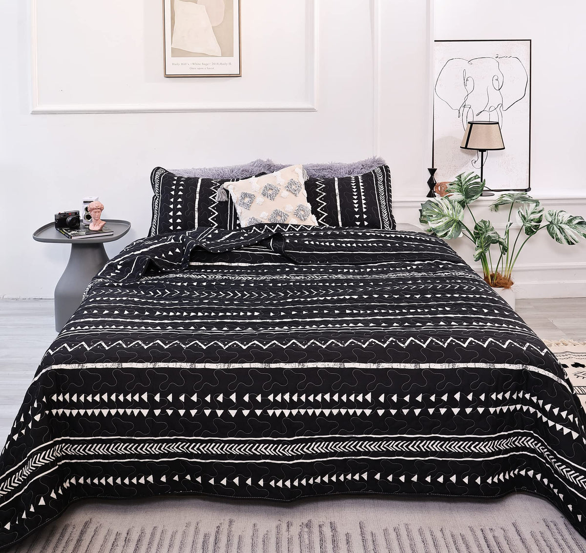Janzaa Queen Quilt Set 3 Pcs, Microfiber Boho Bedspread Set Reversible Coverlet Set With Pillow Cases For All Season (Bluish Gre