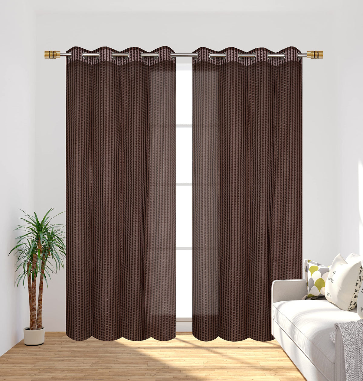 Fabrilia Tissue Net SemiTransparent Zig Zag Design Sheer Curtain, Pack of 2 pcs (Door  7 ft, Brown)