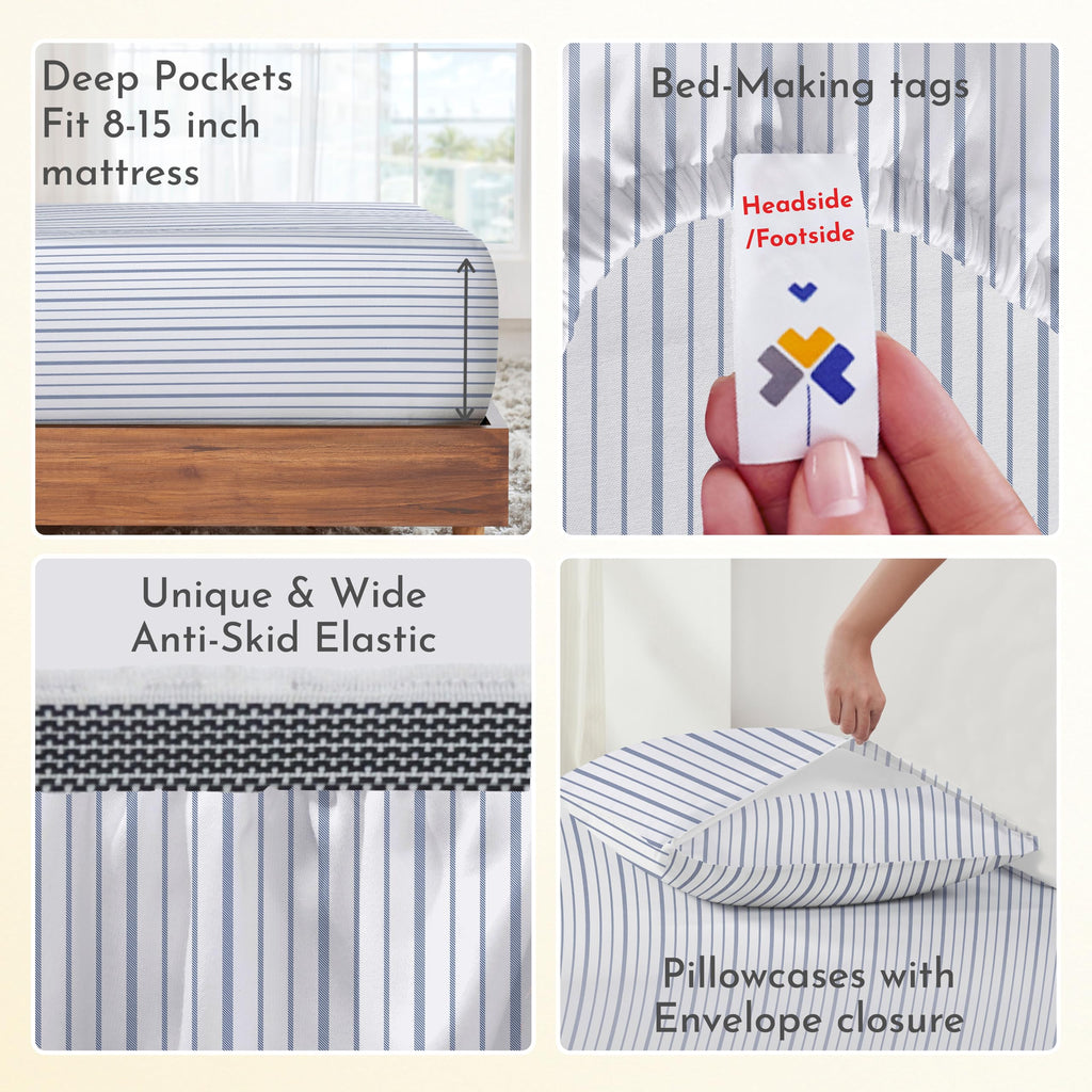 California Design Den Full Sheet Set Stripe, 100% Organic Cotton Percale Sheets, Deep Pocket Full Sheets & Pillowcase Set - Blue Stripe