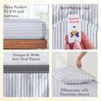California Design Den Stripe Sheets Queen, 100% Organic Cotton Percale Sheets, Deep Pocket Queen Sheets & Pillowcase Set - Blue Stripe