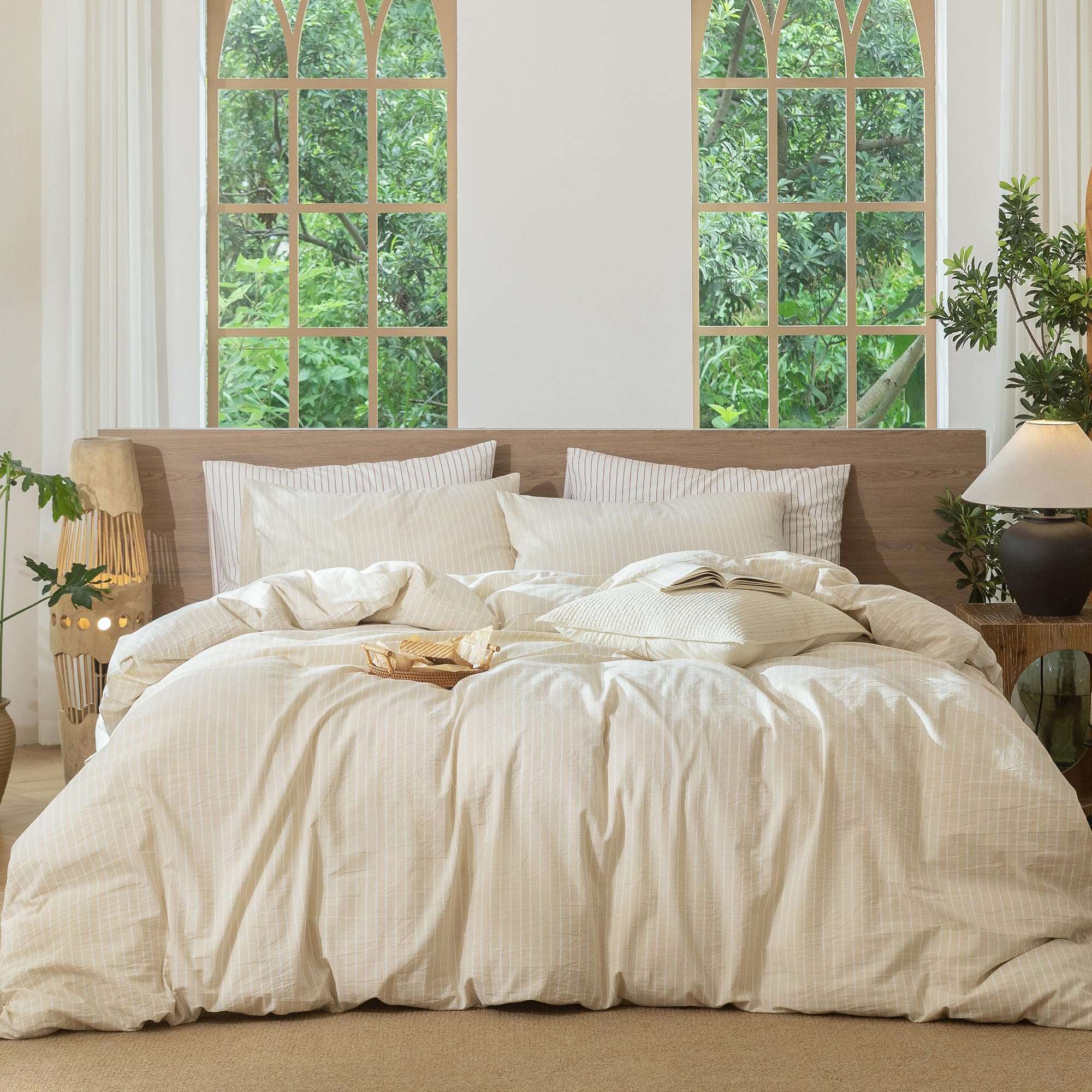 MooMee Striped Duvet Cover Set 100% Washed Cotton Linen Like Textured Breathable Durable Soft Comfy (Almond Milk Grey White Wide