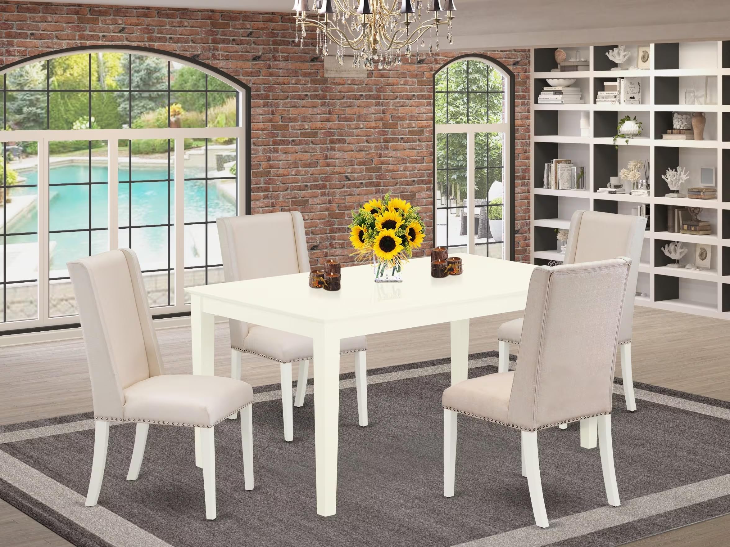 East West Furniture Cafl5-Lwh-01 5 Piece Dinette Set For 4 Includes A Rectangle Dining Table And 4 Cream Linen Fabric Parson Dining Room Chairs, 36X60 Inch, Linen White