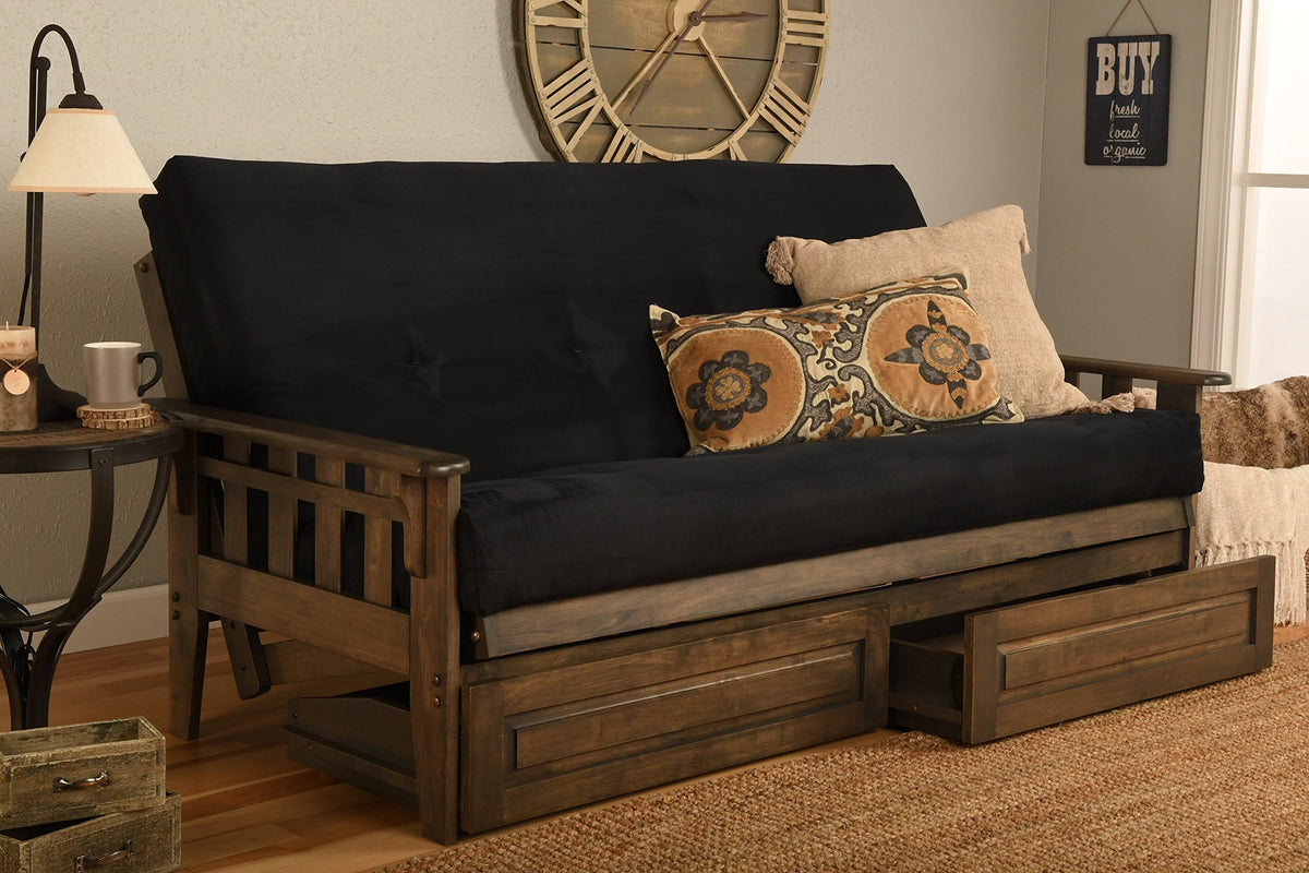 Kodiak Furniture Tucson Full Futon Set in Rustic Walnut Finish with Storage Drawers, Suede Black