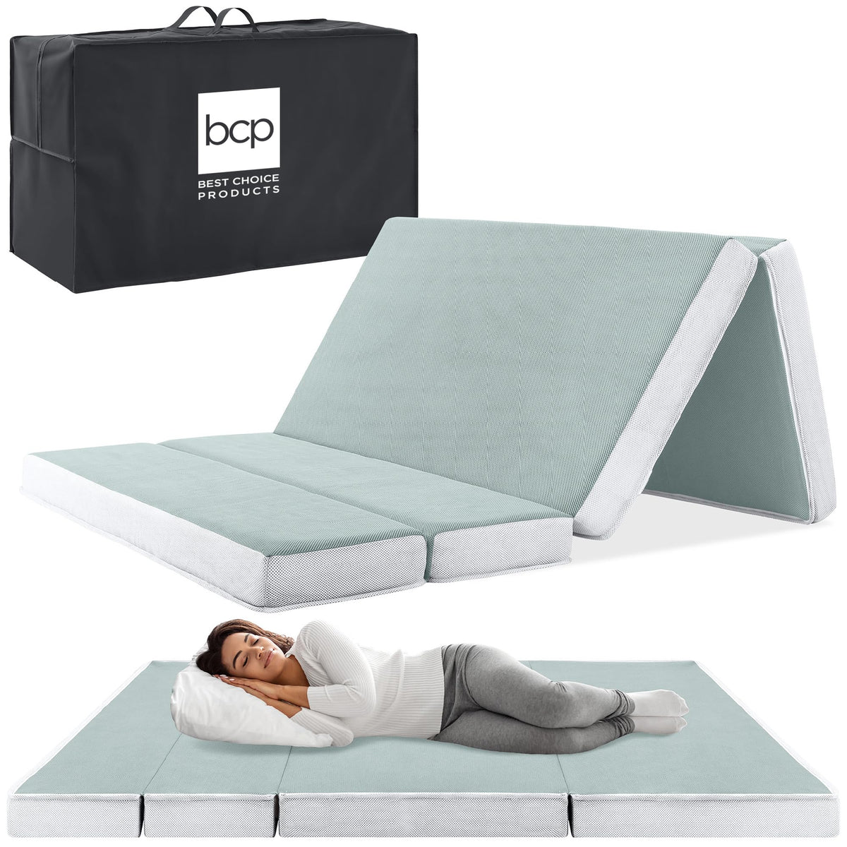 Best Choice Products 4In Portable Twin-Size Mattress, Folding Mattress Topper For Camping, Guest, Toddler, Foam Plush W/Carry Case - Seafoam