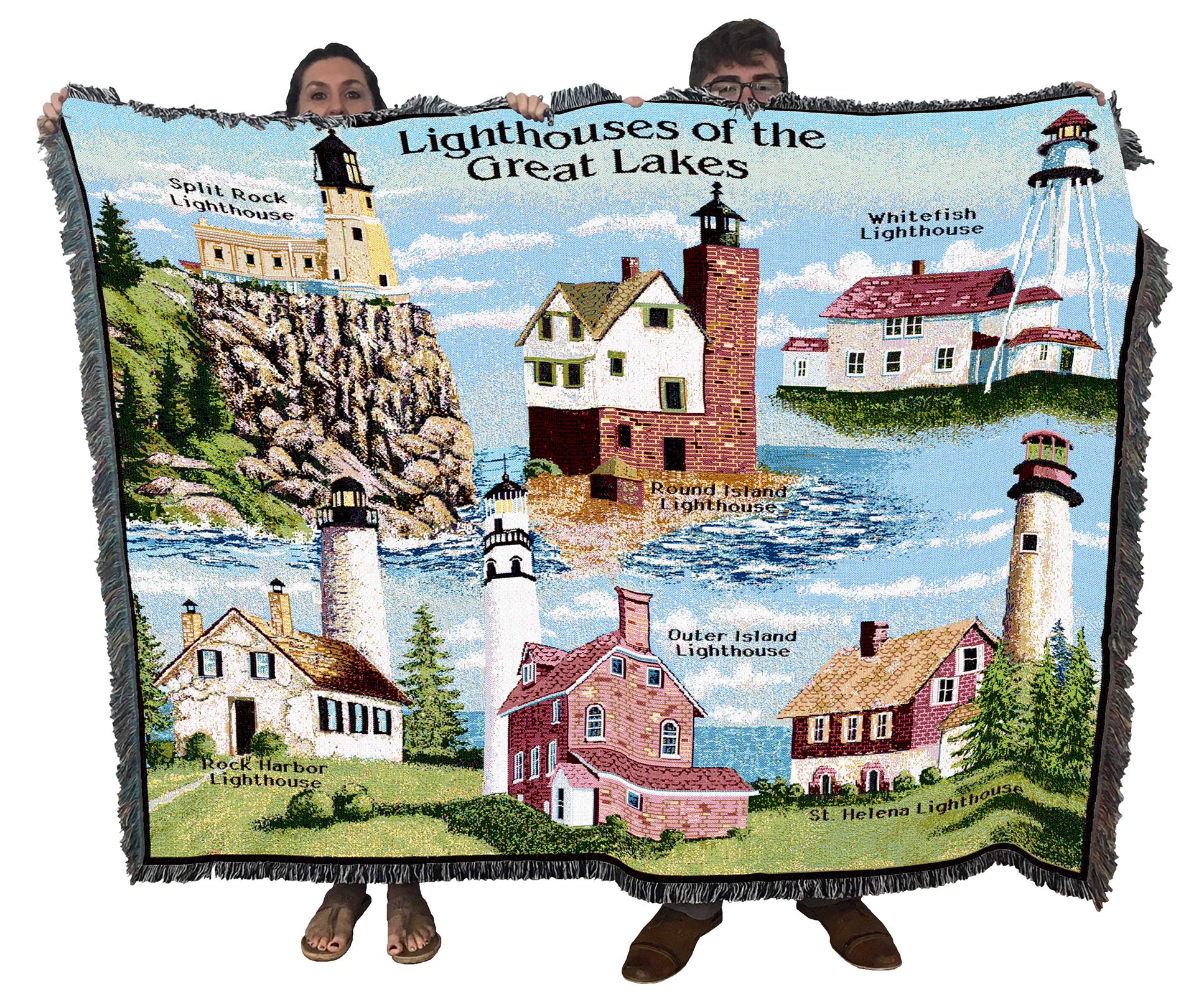 Lighthouses Of The Great Lakes Blanket - Split Rock Round Island Whitefish Rock Harbor Outer Island St Helena - Coastal Ocean Gi