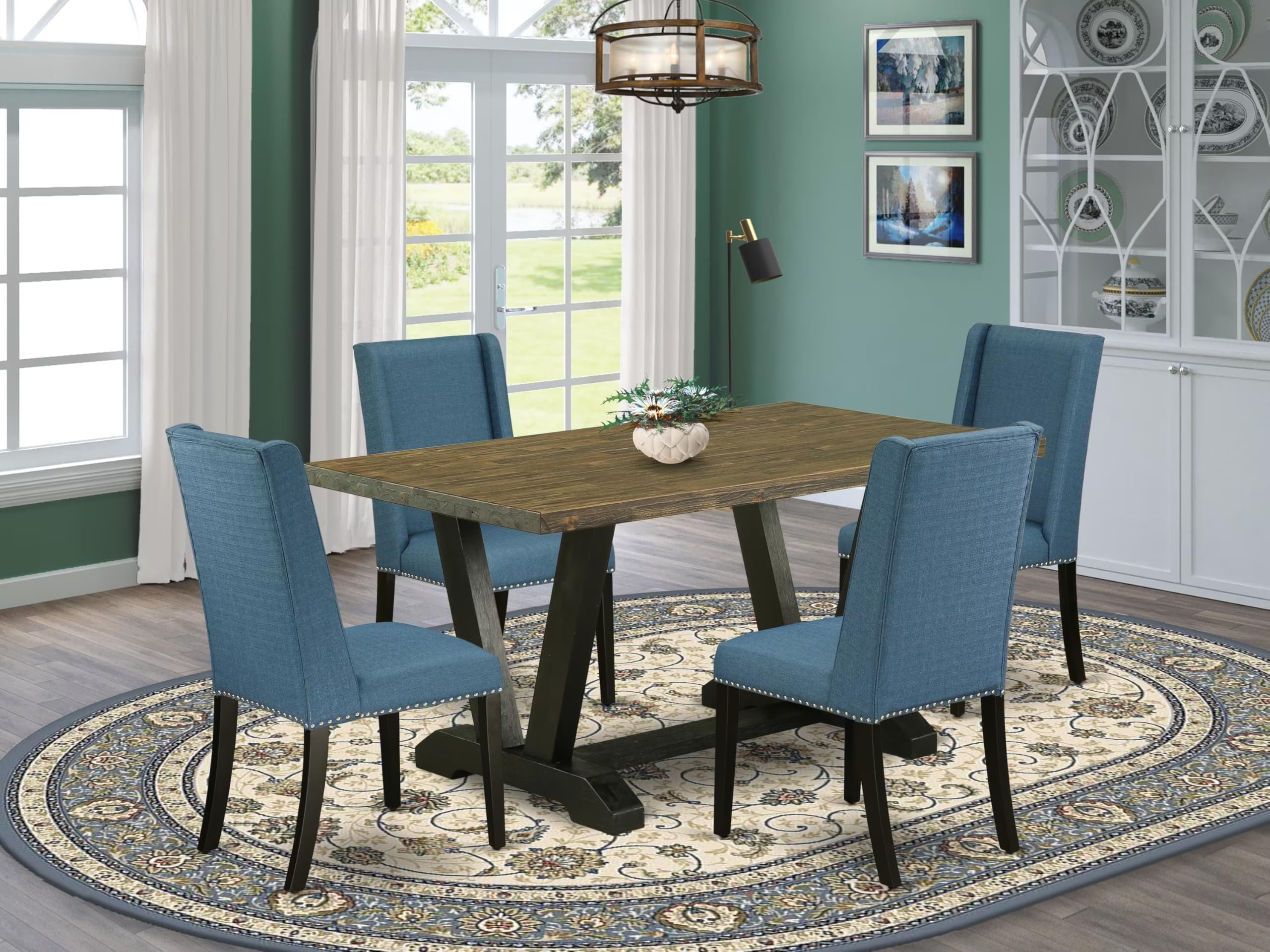 East West Furniture V676Fl121-5 5 Piece Dining Table Set For 4 Includes A Rectangle Kitchen Table With V-Legs And 4 Blue Linen Fabric Upholstered Chairs, 36X60 Inch, Multi-Color