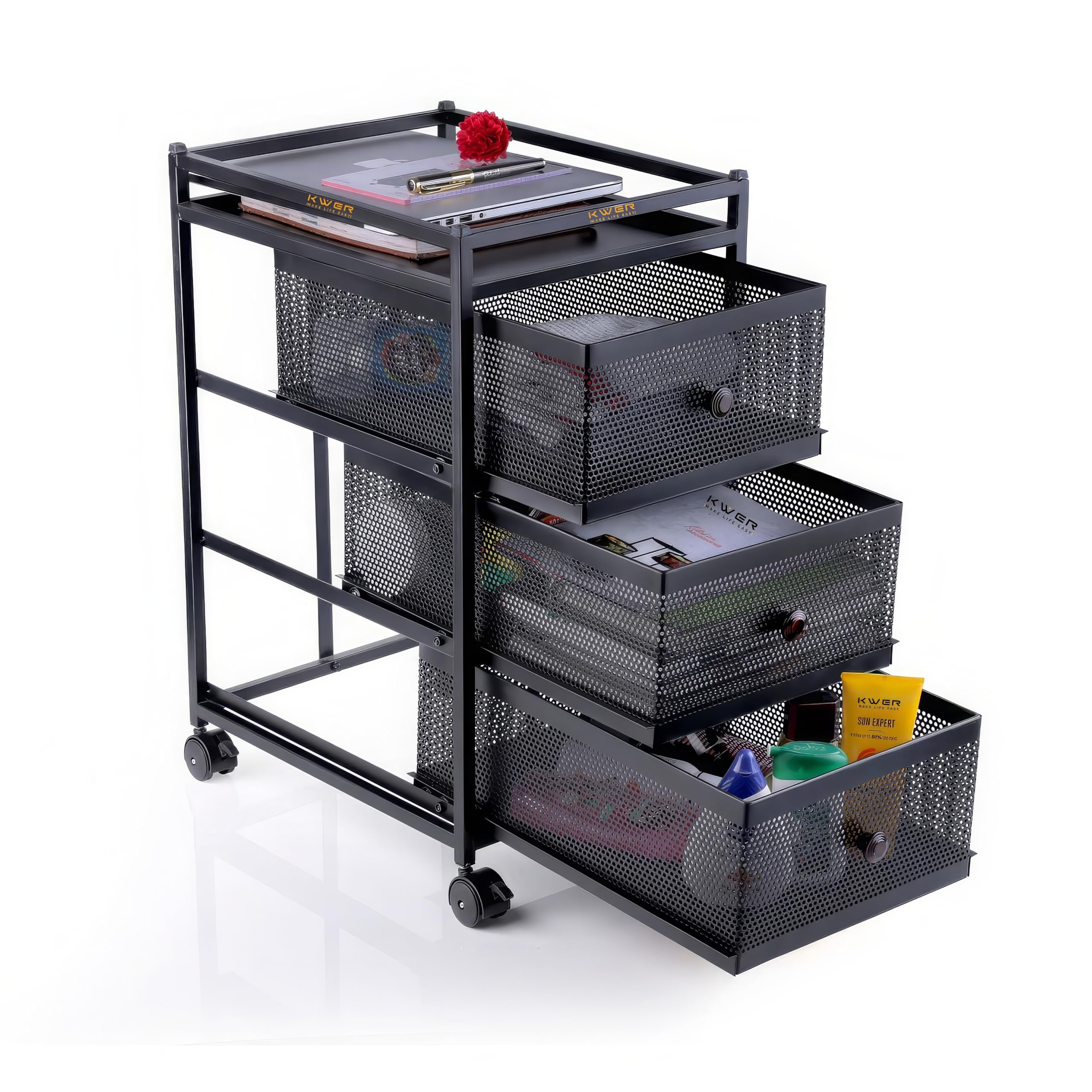 Kwer 3 Drawer Compartment Unit Under Sink Cabinet Organizer With Sliding Storage Drawer, Desktop For Kitchen Bathroom Office, St