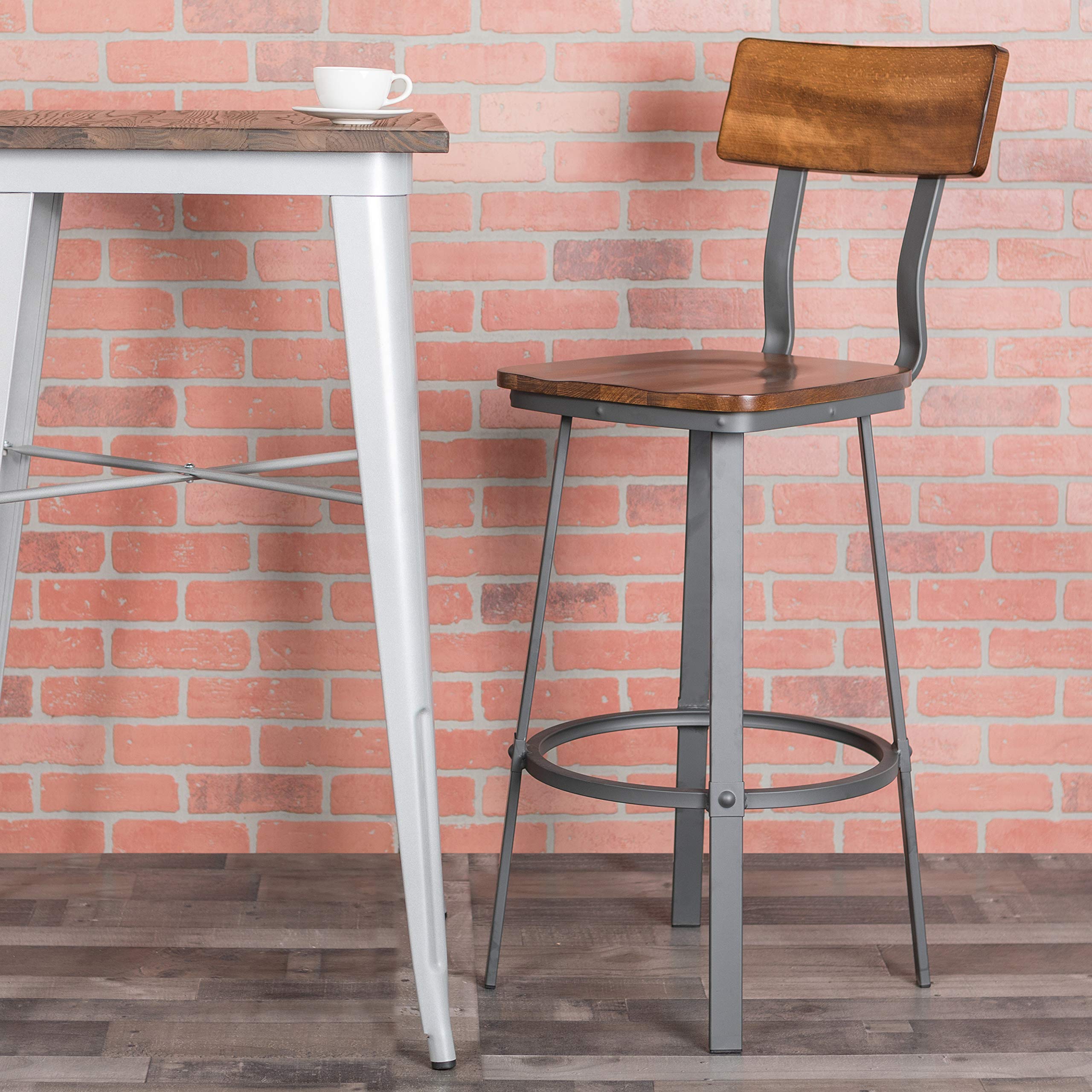 Flash Furniture Flint Series Rustic Walnut Restaurant Barstool With Wood Seat & Back And Gray Powder Coat Frame