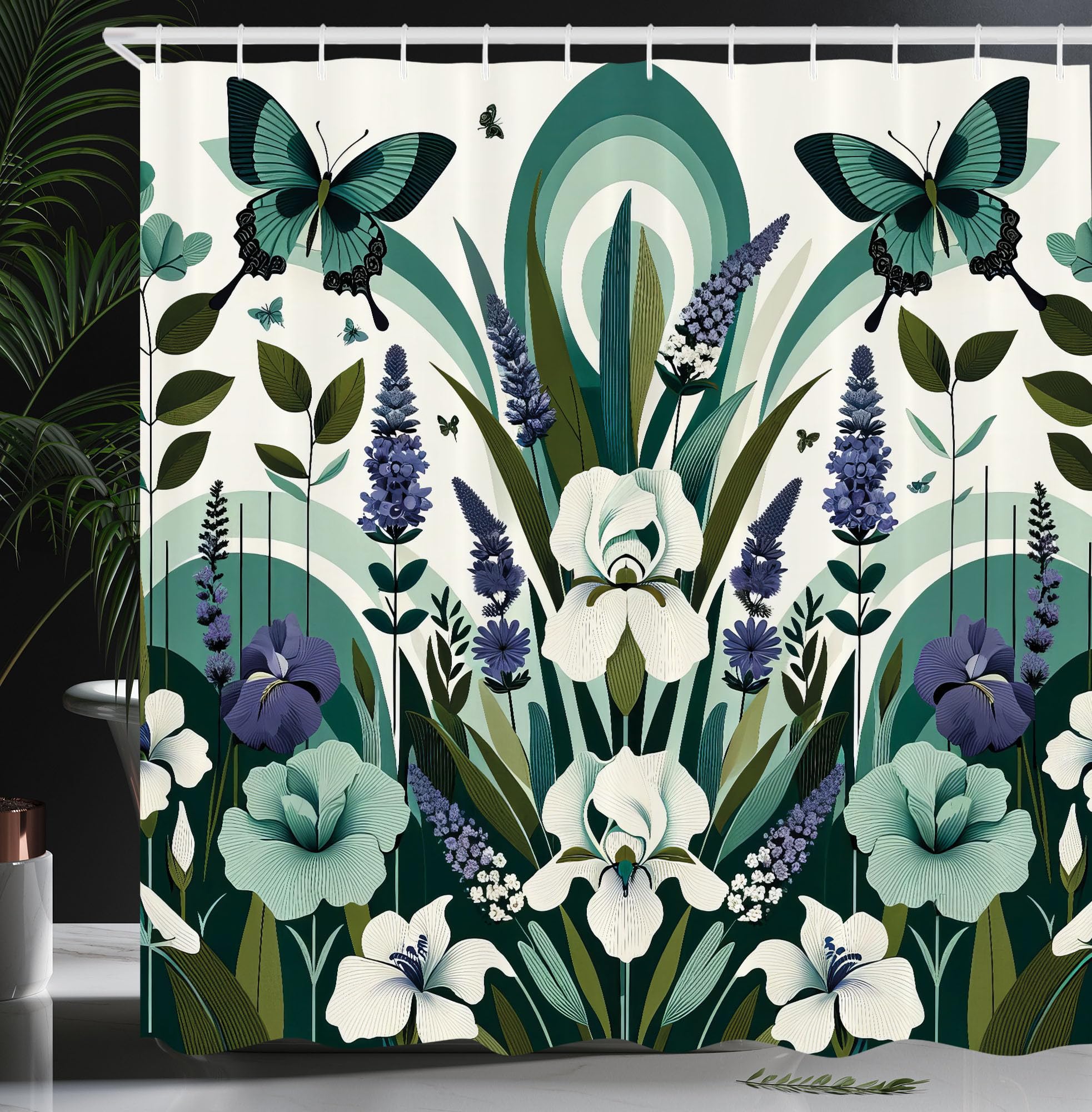 Ambesonne Teal Shower Curtain, Curving Leaves and Floral Mirage with Iris Lavender Eucalyptus Butterfly, Cloth Fabric Bathroom D