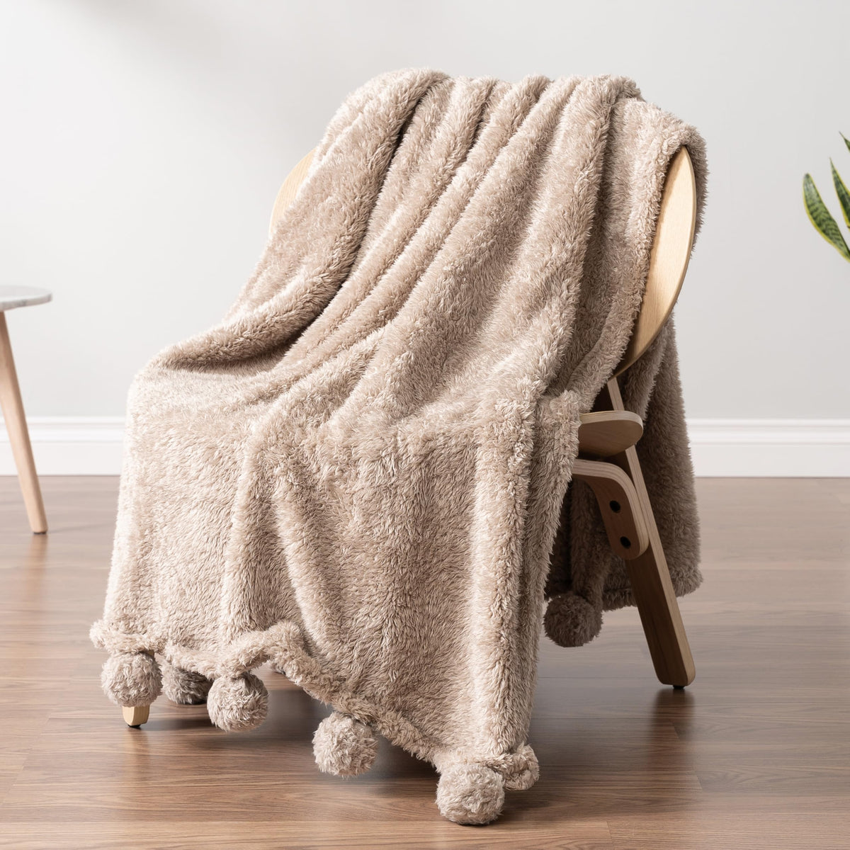 Pavilia Taupe Sherpa Throw Blanket For Couch, Warm Plush Pom Pom Blanket Throw, Tan Fuzzy Sofa Throw, Lightweight Soft Cozy Fluf