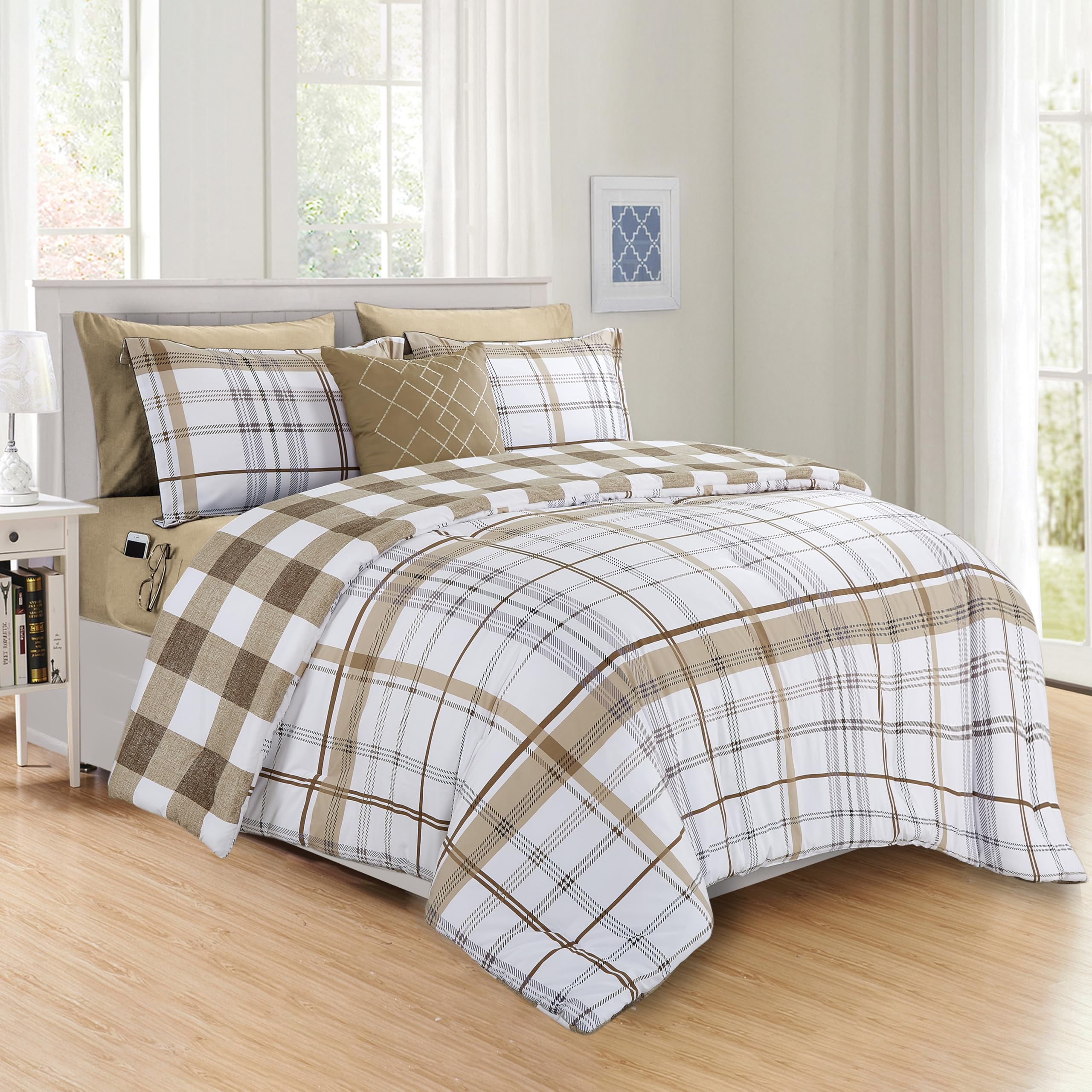 Elegant Comfort 8- Piece Lodge Plaid Reversible Comforter Set Bed-In-A-Bag Set - Silky Soft Complete Set Includes Bed Sheet Set With Double Sided Storage Pockets, King/Cal King, Taupe