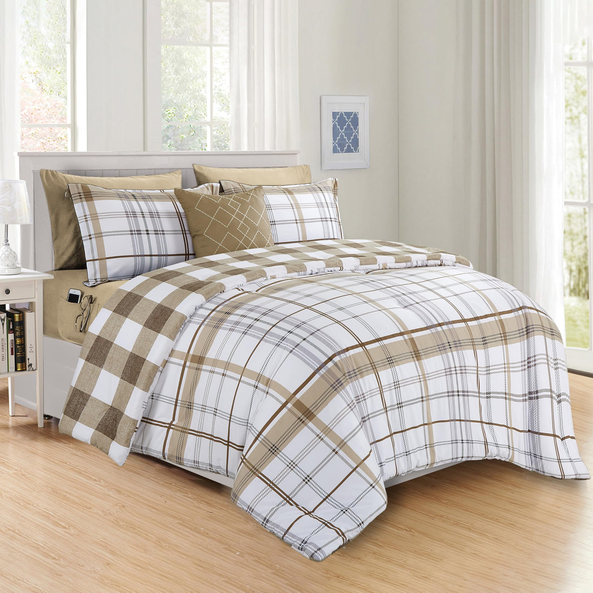 Elegant Comfort 8- Piece Lodge Plaid Reversible Comforter Set Bed-In-A-Bag Set - Silky Soft Complete Set Includes Bed Sheet Set With Double Sided Storage Pockets, Full/Queen, Taupe