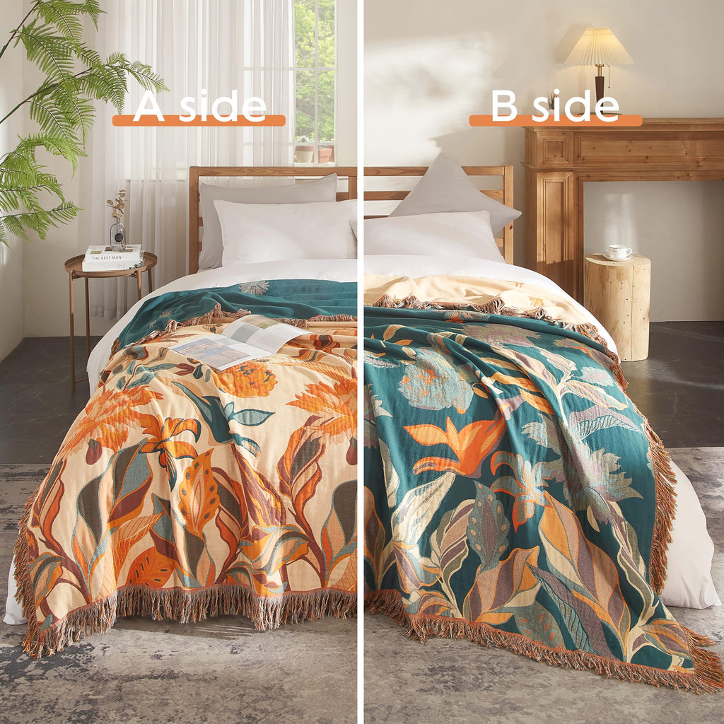 Boho Throw Blanket For Bed 80   X90   , 100% Cotton Woven Blanket For Couch Sofa, Ultra Soft 4-Layer Muslin Quilt With Floral Pr