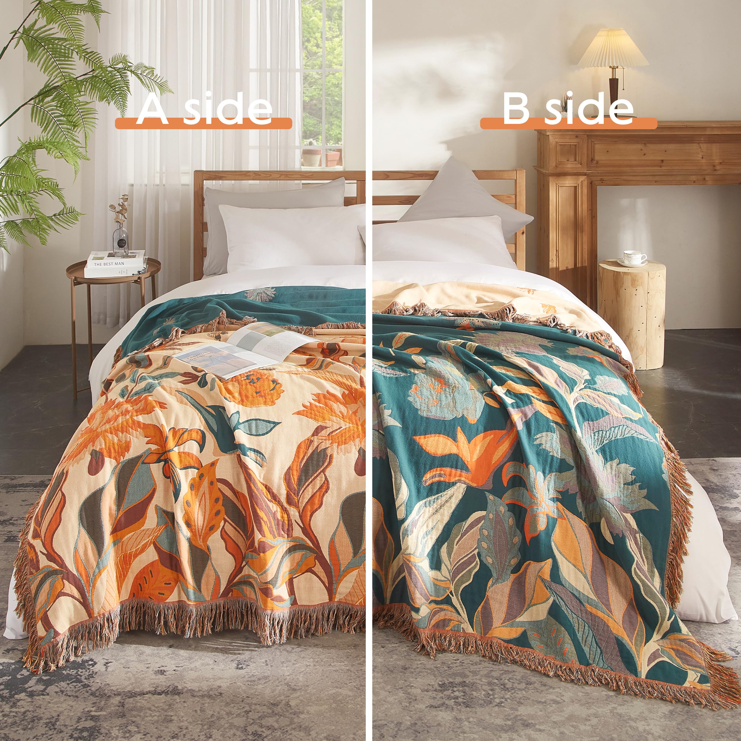 Boho Throw Blanket For Bed 90   X98   , 100% Cotton Woven Blanket For Couch Sofa, Ultra Soft 4-Layer Muslin Quilt With Floral Pr