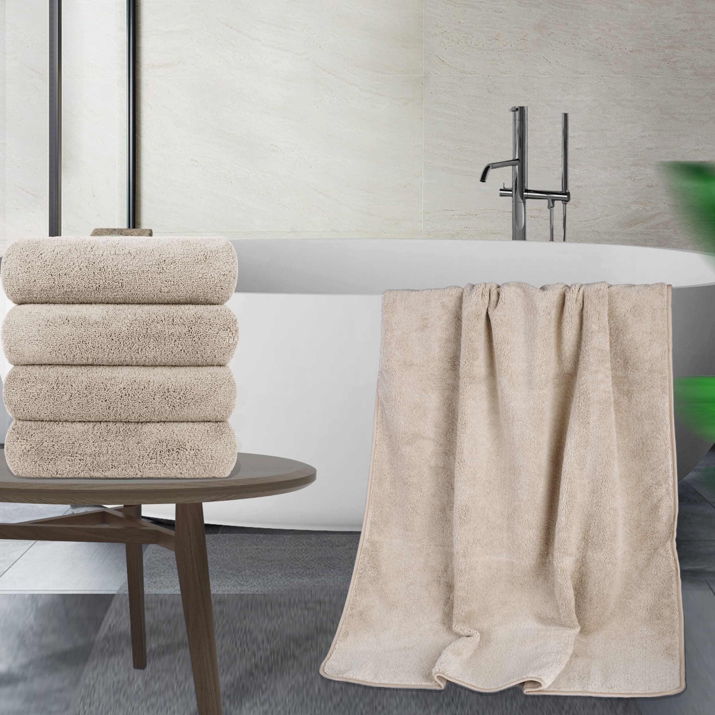 Polyte Microfiber Quick Dry Lint Free Bath Towel, 57 X 30 In, Pack Of 4 (Beige)