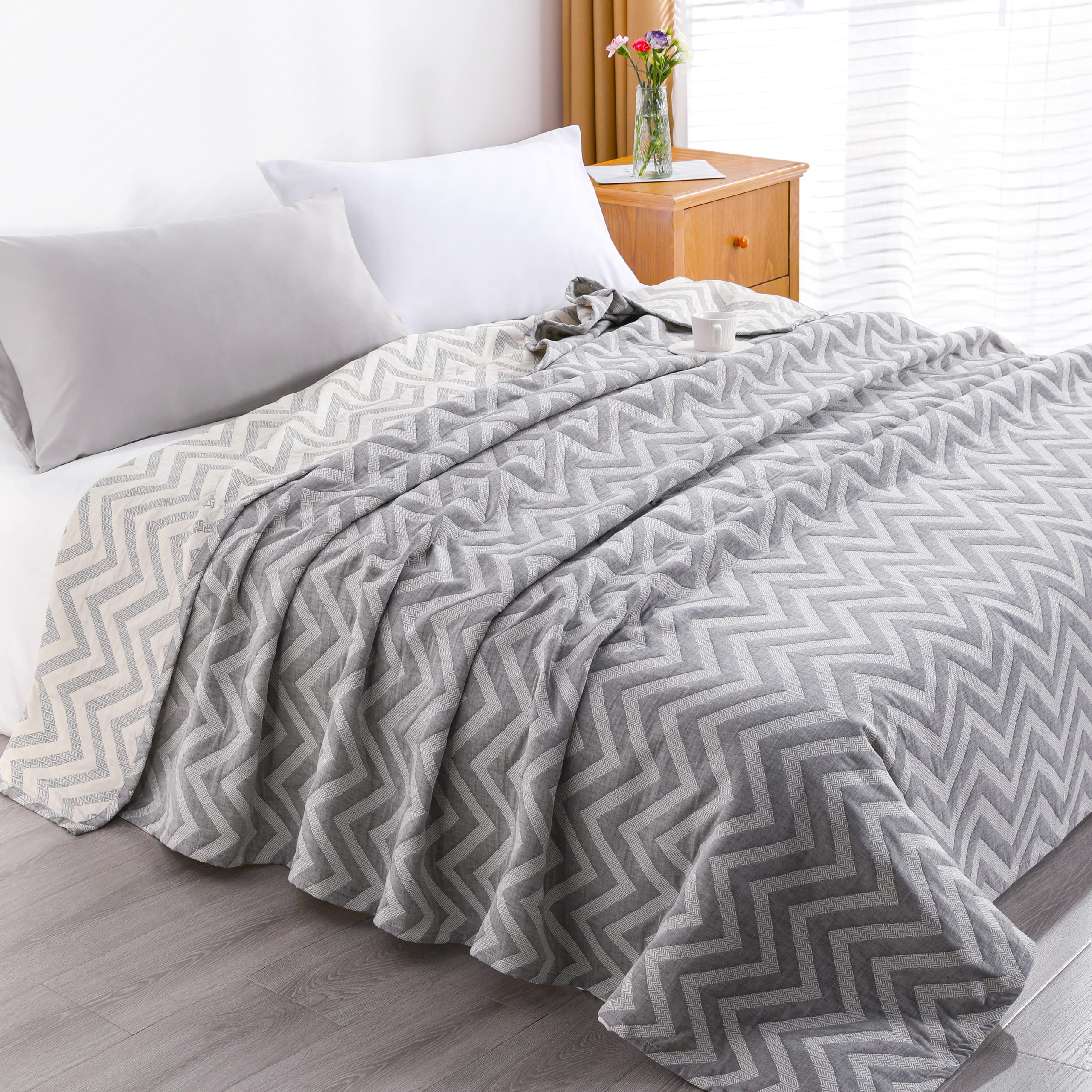 Ntbay 3 Layers Cotton Muslin 68X92 Twin Bed Blanket, Super Soft Breathable Thermal Yarn Dyed Quilt For Adults, Perfect Lightweig