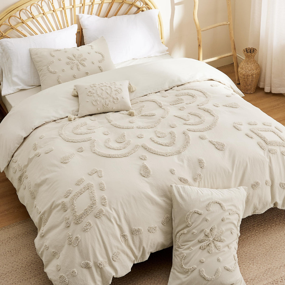 Bedsure Cotton Duvet Cover King Size - Tufted Beige Duvet Cover Set, 5-Piece Shabby Chic Boho Bedding Set With Fitted Sheet, Sof