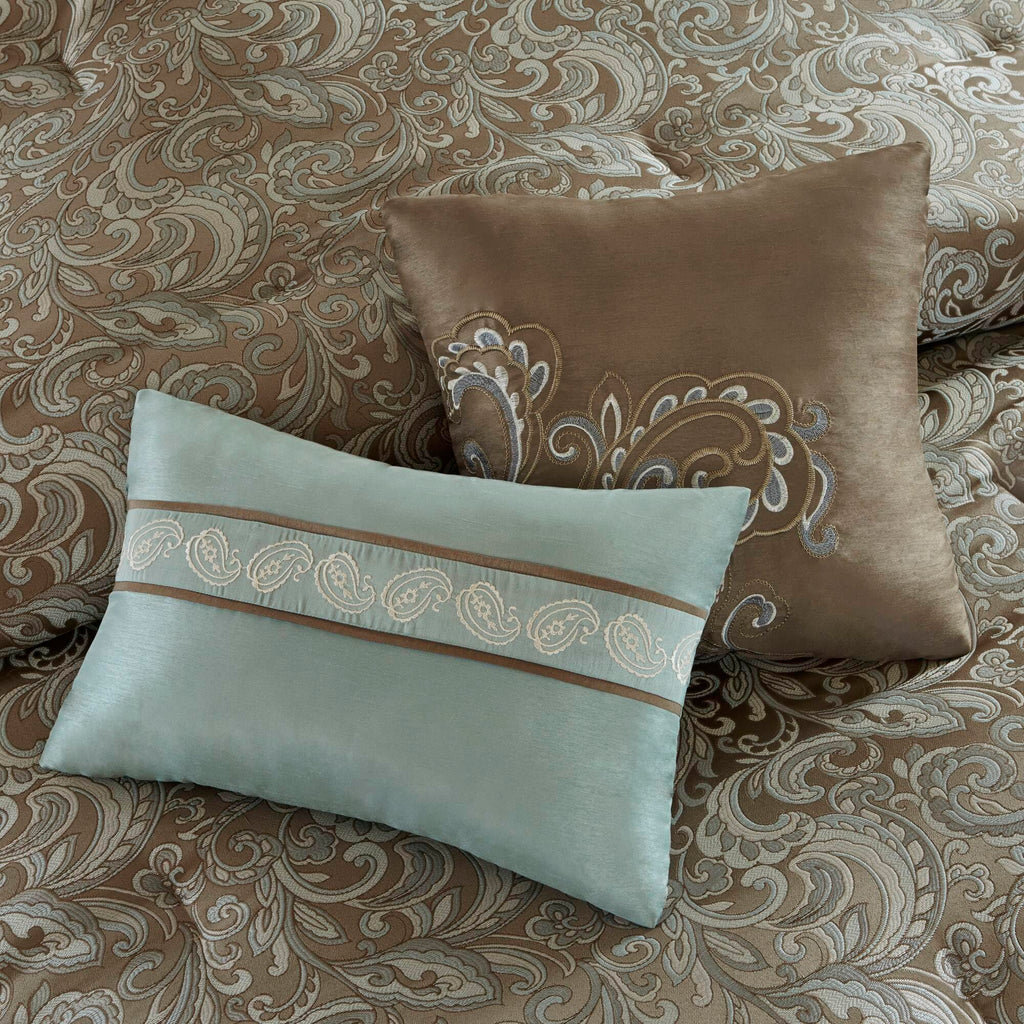 Madison Park Essentials Brystol 24 Piece Room In A Bag Faux Silk Comforter Jacquard Paisley Design Matching Curtains Down Alternative Hypoallergenic All Season Bedding-Set, King (104 In X 92 In), Blue