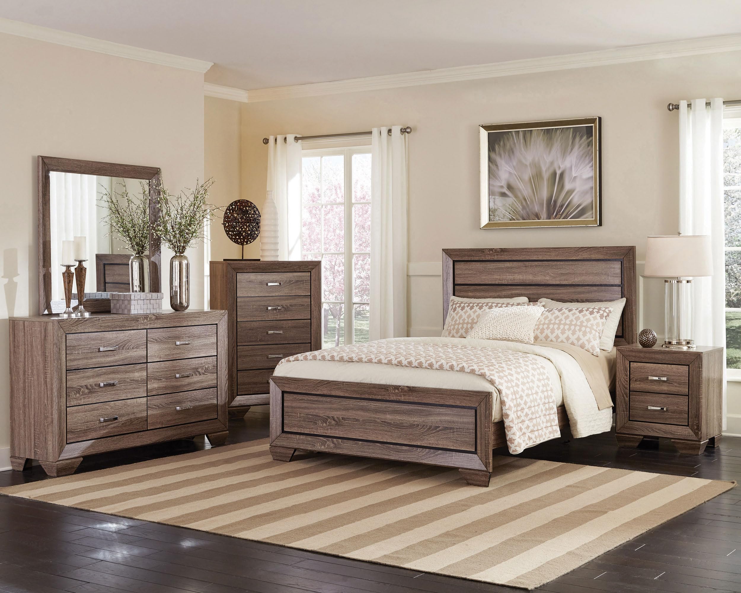 Coaster Home Furnishings Kauffman Transitional 5-Piece Bedroom Set Eastern King Size Panel Bed Frame 54-inch Headboard Washed Taupe 204191KE-S5