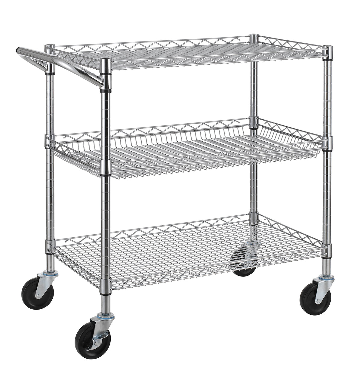 Finnhomy 3 Tier Heavy Duty Commercial Grade Utility Cart, Wire Rolling Cart with Handle Bar, Steel Service Cart with Wheels, Uti