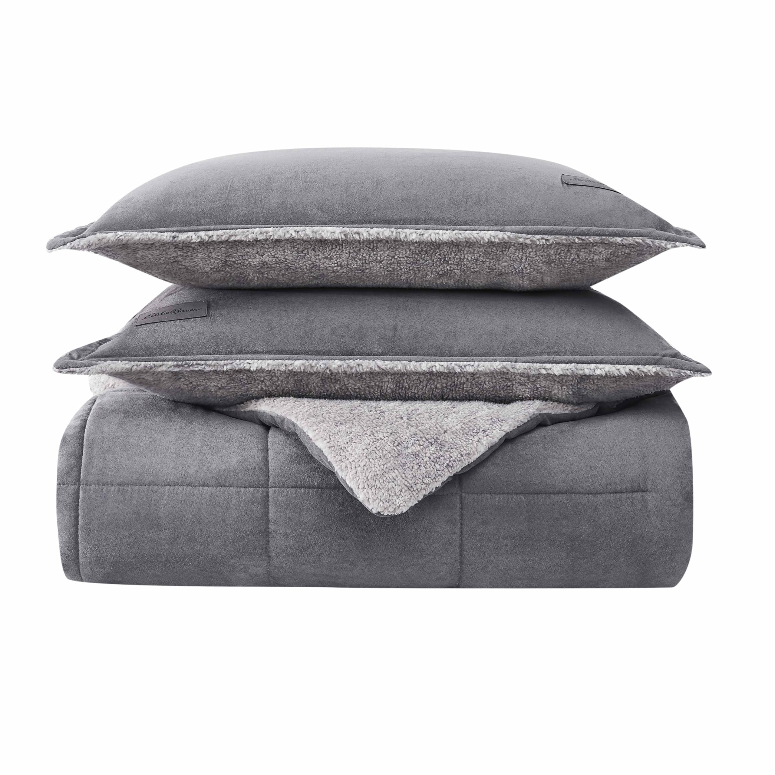 Eddie Bauer Queen Comforter Set - Reversible Sherpa Fleece Bedding, Sherwood Grey, Includes Matching Shams