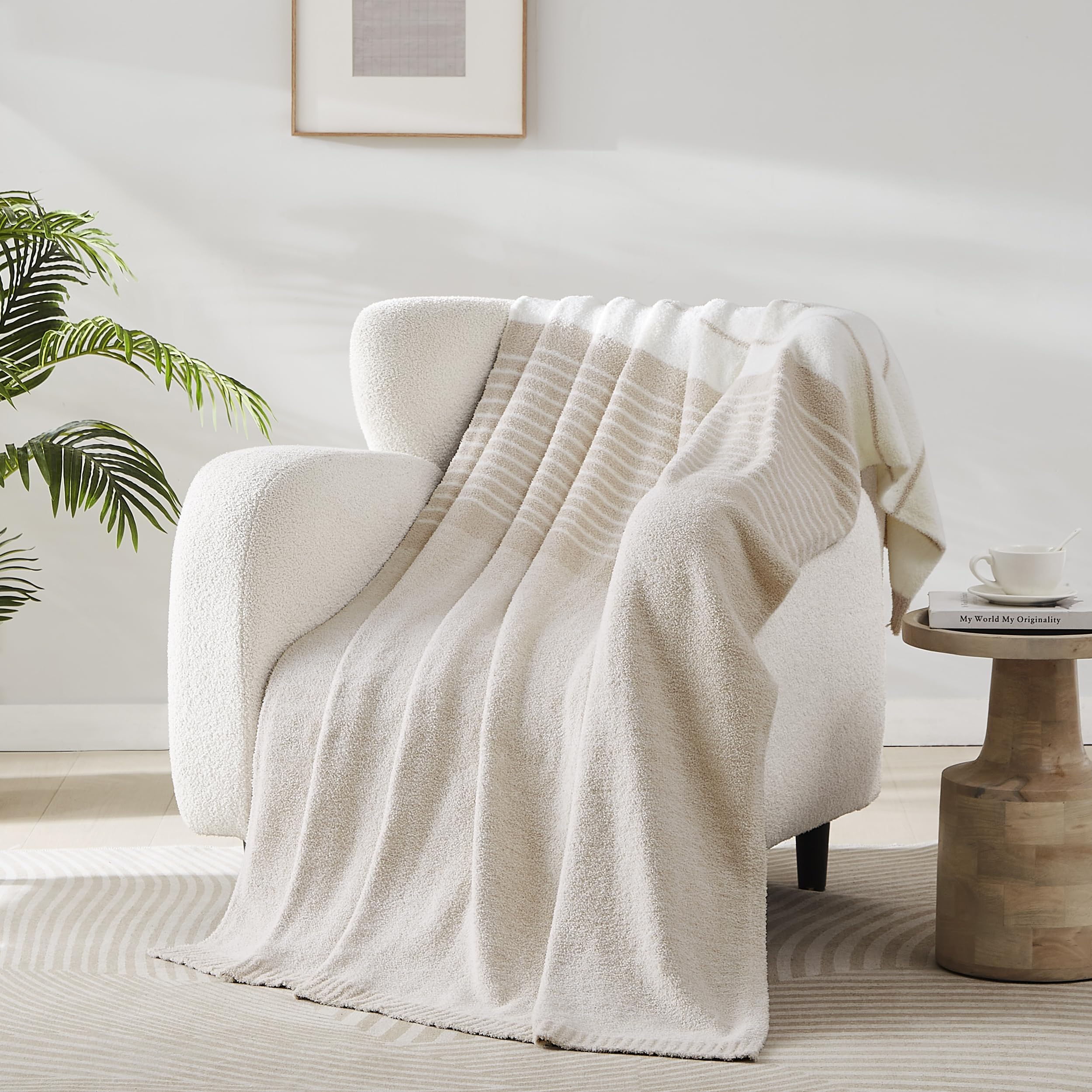 R.Share Beige Striped Throw Blanket 50X70 Inch Reversible, Feather Knit Tan Cream Taupe Microfiber Soft Comfy Cozy Lightweight F