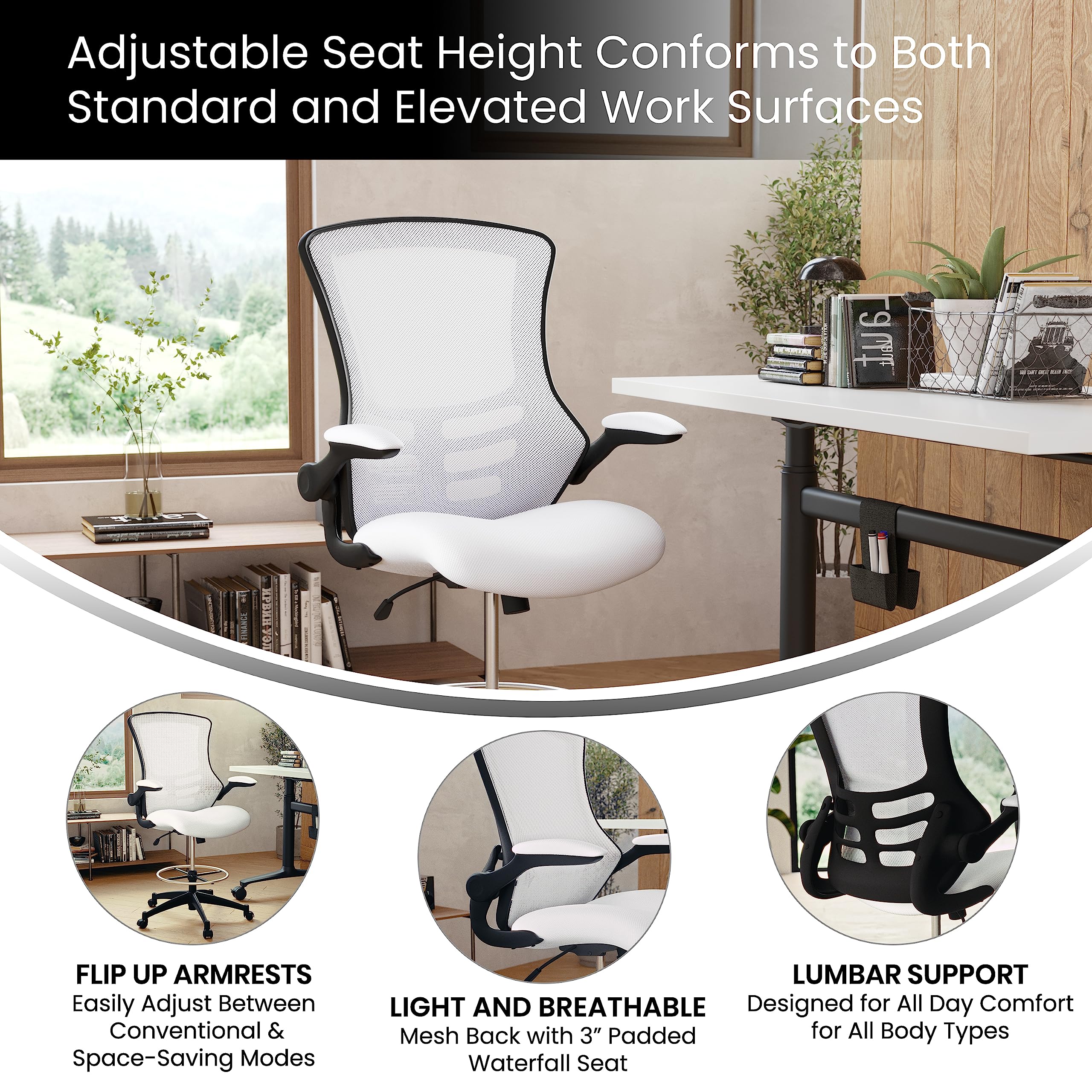 Flash Furniture Kelista Mid-Back White Mesh Ergonomic Drafting Chair | Adjustable Foot Ring, Flip-Up Arms | Comfort and Productivity