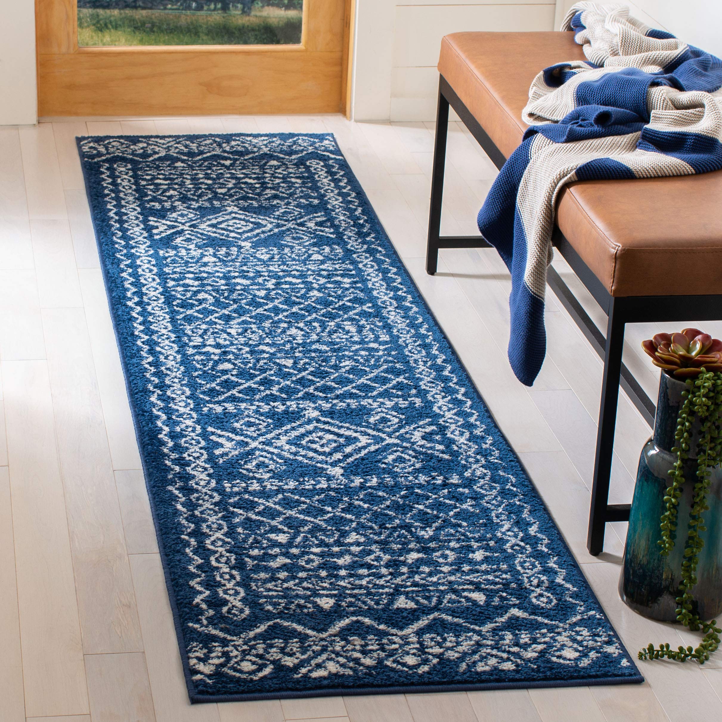 SAFAVIEH Tulum Collection Runner Rug - 2 x 13, Navy & Ivory, Moroccan Boho Distressed Design, Non-Shedding & Easy Care, Ideal 