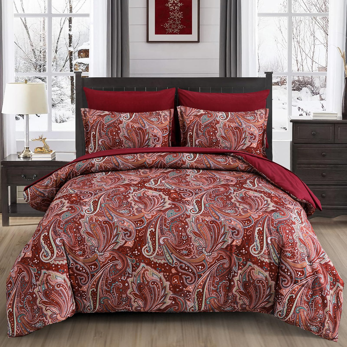 Djy Red Paisley Comforter Set California King Size, 7 Piece Bed In A Bag Boho Paisley Pattern Comforter Set, Soft Lightweight Mi