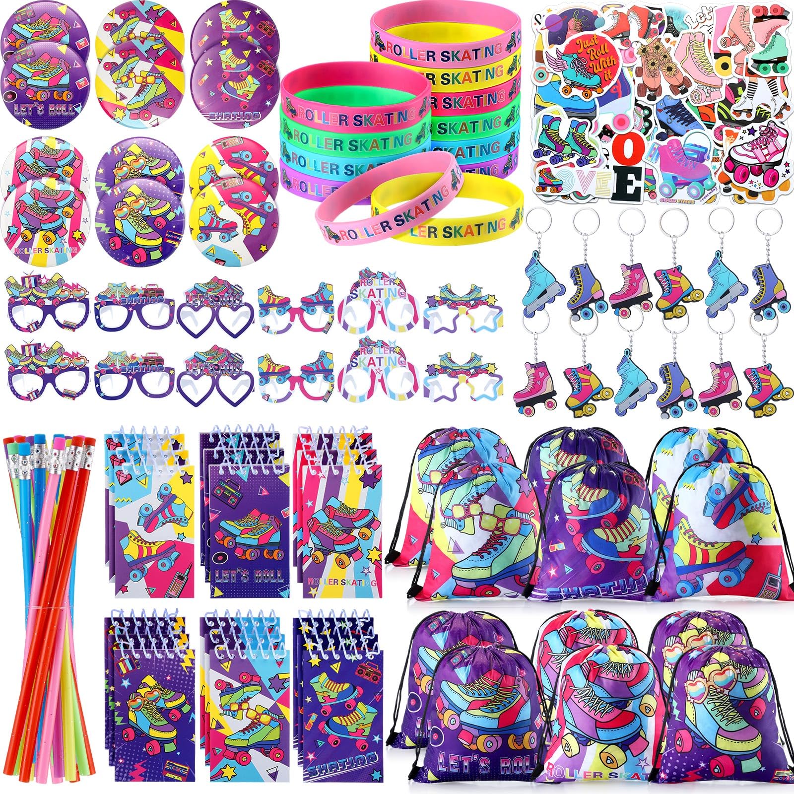 Tellingyou 140 Pcs Roller Skate Party Favors Includes 12 Drawstring Backpacks 12 Silicone Wristbands 12 Badges 12 Keychains 18 N