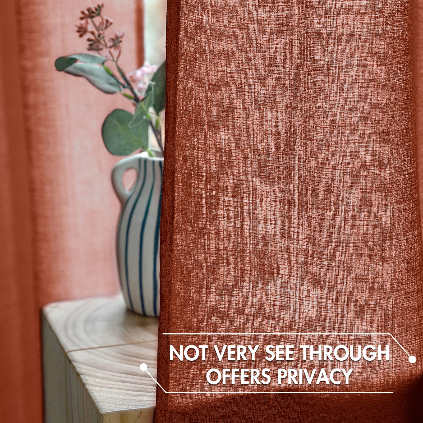 Miulee Burnt Orange Faux Linen Semi Sheer Curtains 2 Panels For Living Room Bedroom Textured Light Filtering Privacy Window Curt