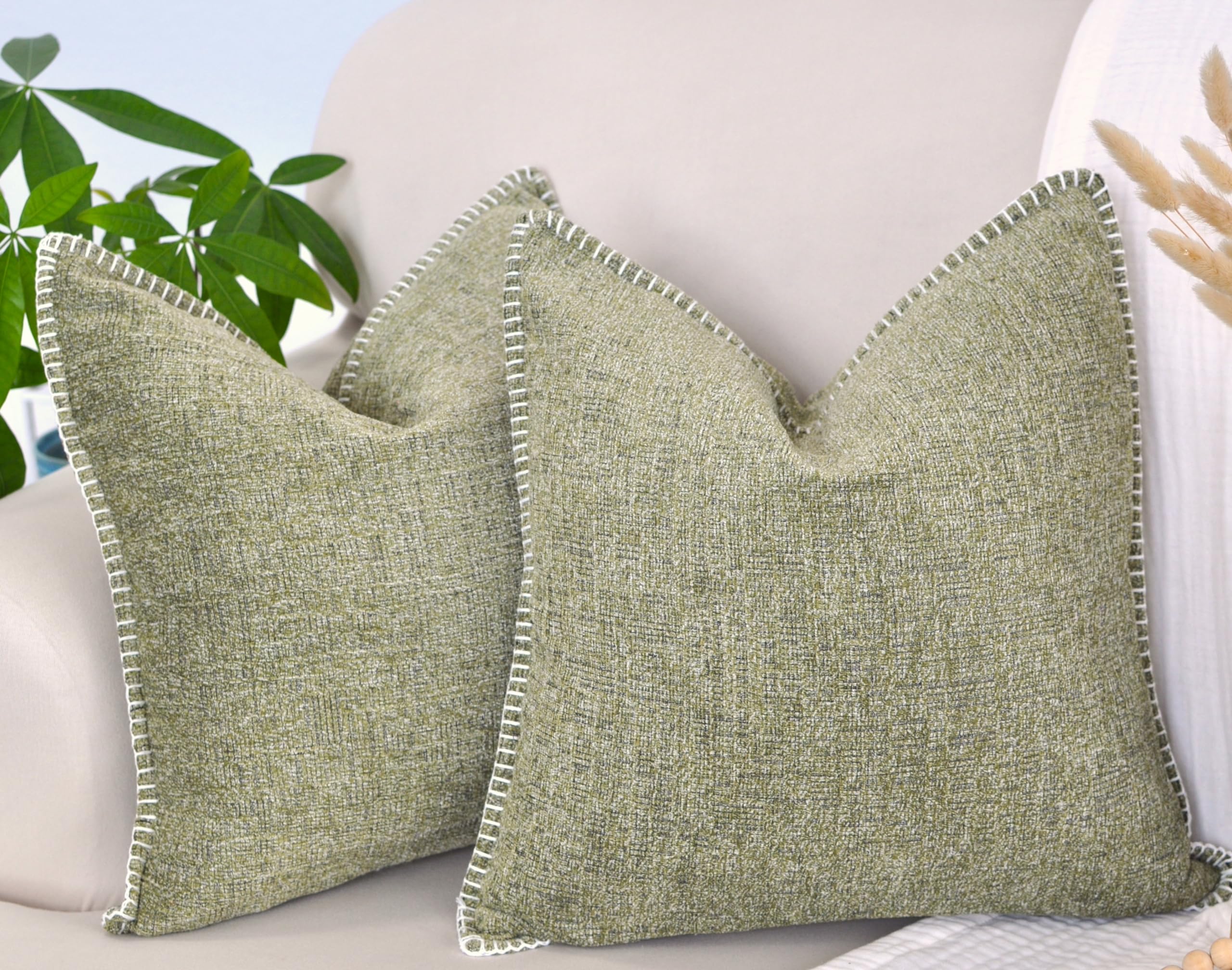 20X20 Inch Sage/Olive Green Textured Chenille Pillow Covers Set Of 2 With Stitched Edge/Velvet Soft Cushion Covers/Modern Pillow