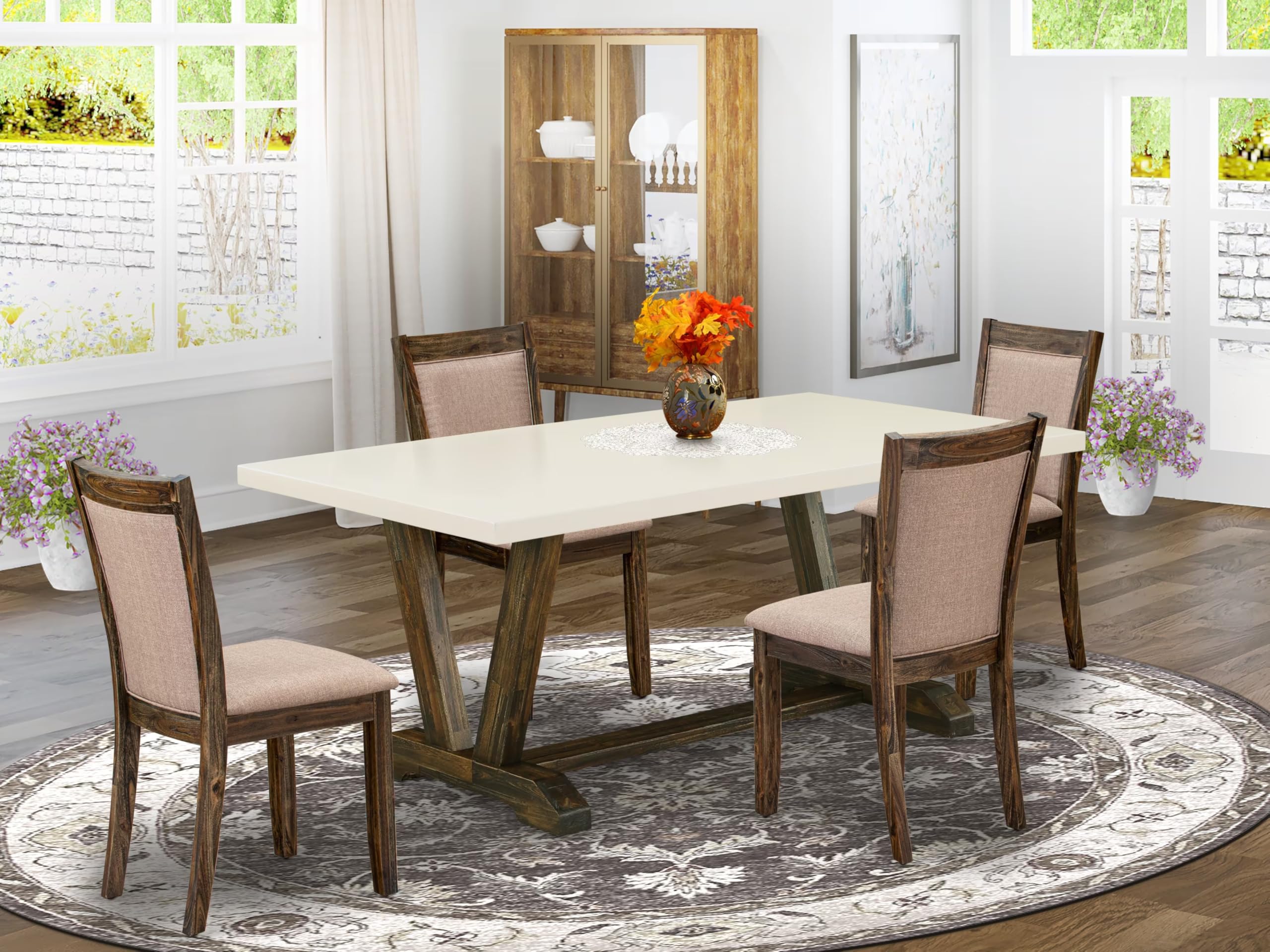 East West Furniture V777MZ716-7 7 Piece Dinette Set Consist of a Rectangle Dining Table with V-Legs and 6 Dark Khaki Linen Fabric Parson Dining Room Chairs, 40x72 Inch, Multi-Color