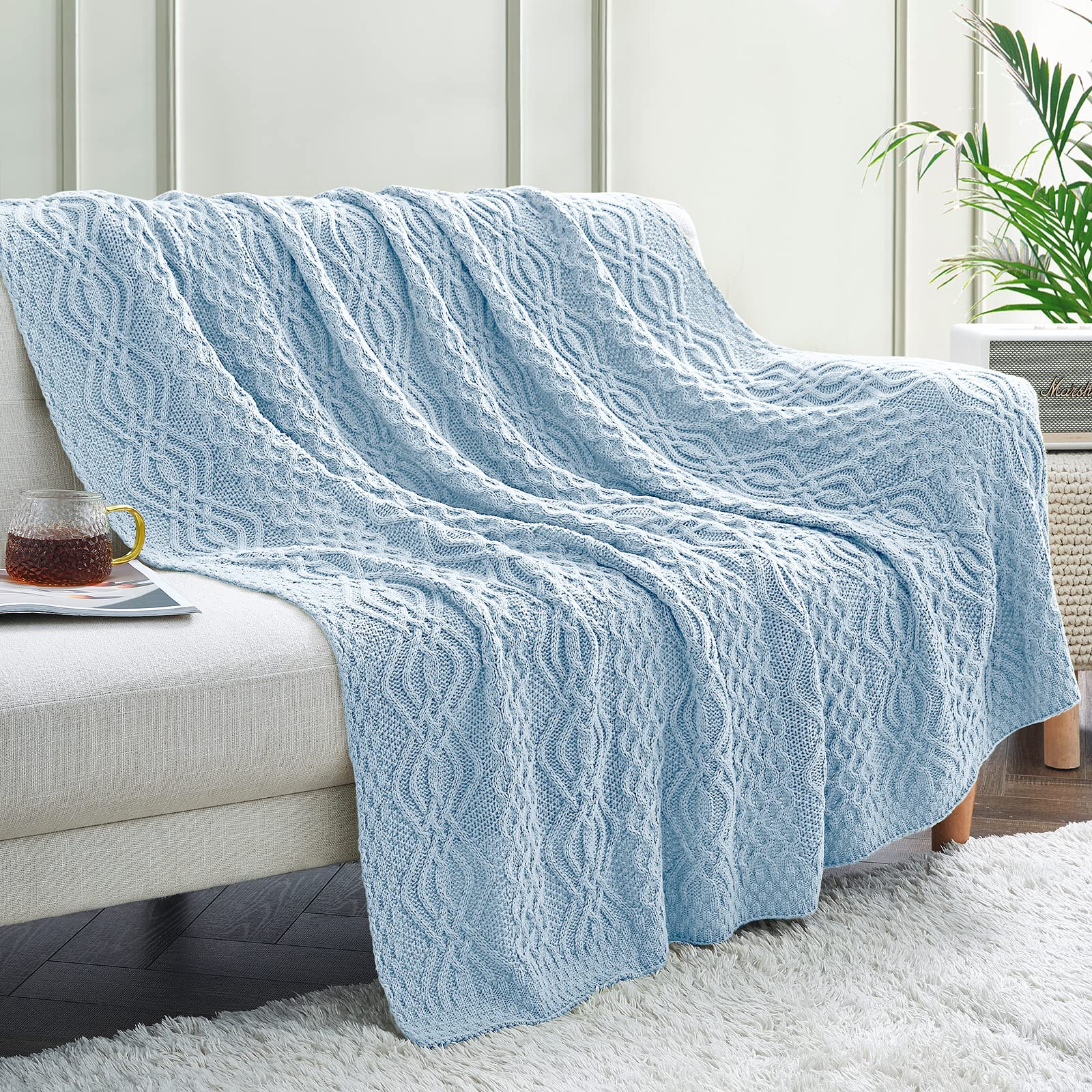 Aormenzy Light Blue Cable Knit Throw Blanket, Soft & Warm Oversized Knitted Blanket For Couch Bed Sofa Living Room, 60 X 80 Inch