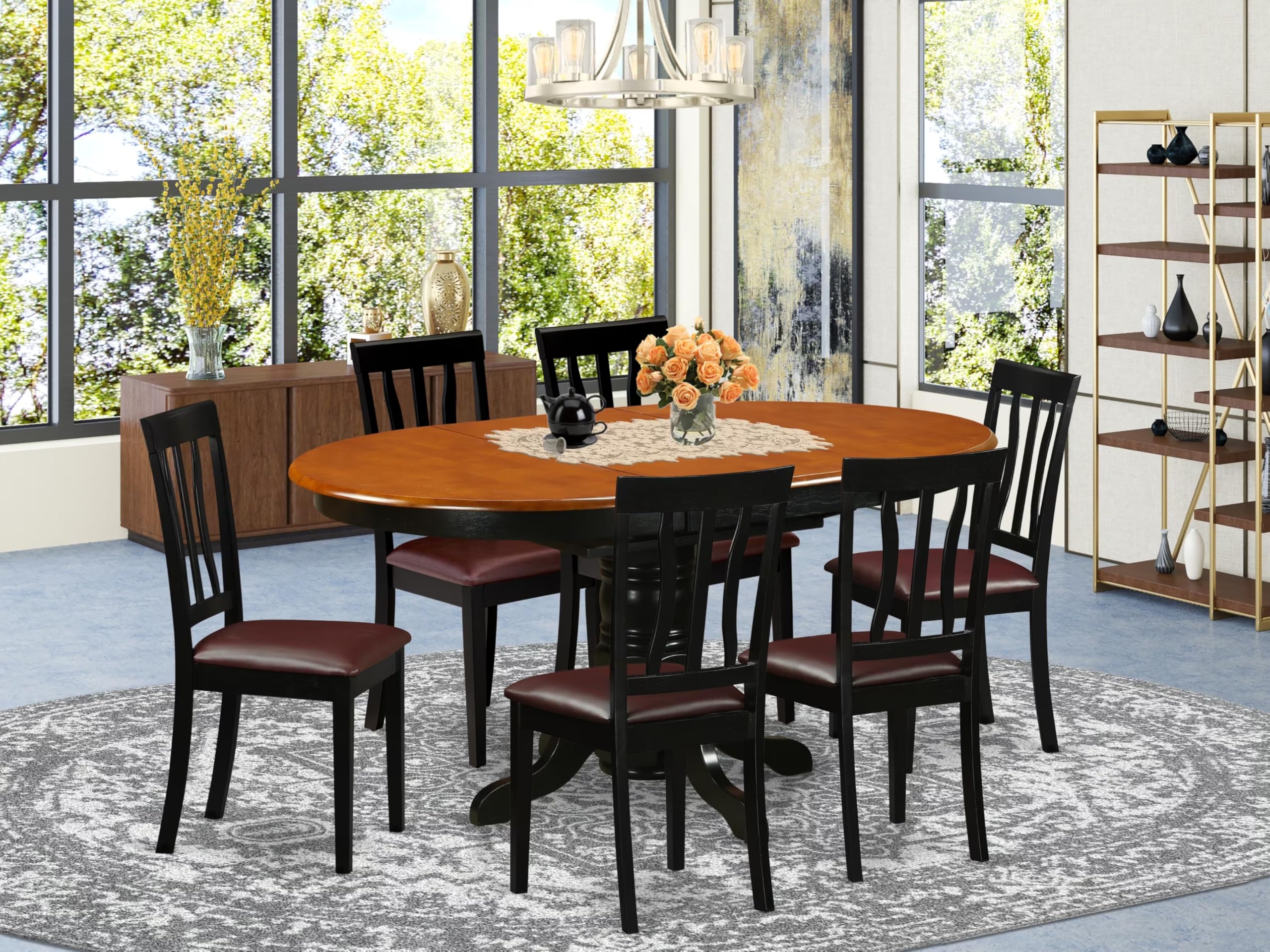East West Furniture AVAT7-BLK-LC 7 Piece Dining Room Table Set Consist of an Oval Kitchen Table with Butterfly Leaf and 6 Faux Leather Upholstered Dining Chairs, 42x60 Inch, Black & Cherry