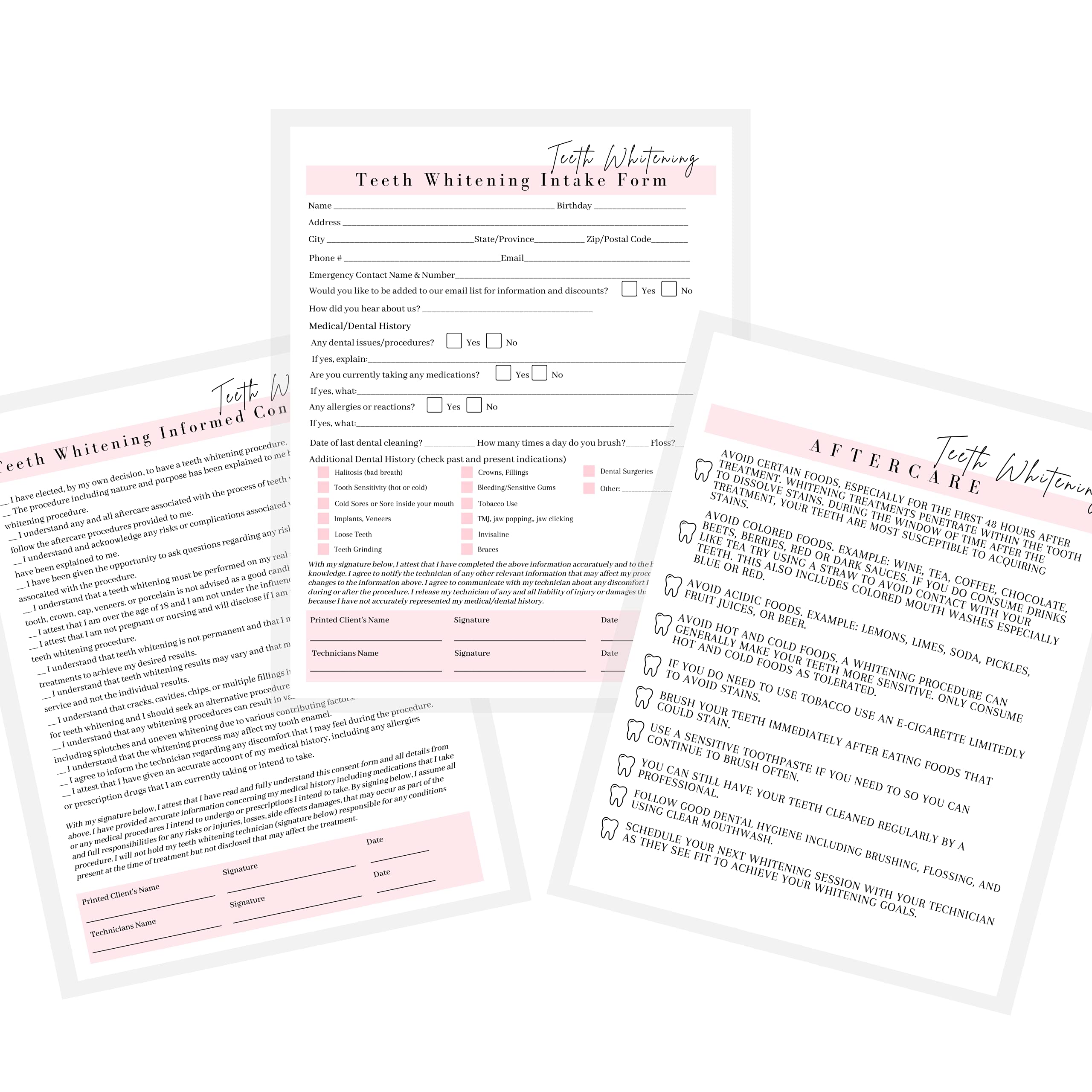 Teeth Whitening Consent Form, Intake Form, Aftercare Form | 75 Pack | 8.5X11' Inch Paper Size Form | 25 Teeth Whitening Consent