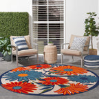 Nourison Aloha Outdoor Multicolor 5'3' X Round Area Rug, Easy Cleaning, Non Shedding, Bed Room, Living Room, Dining Room, Deck, Backyard, Patio (5 Round)