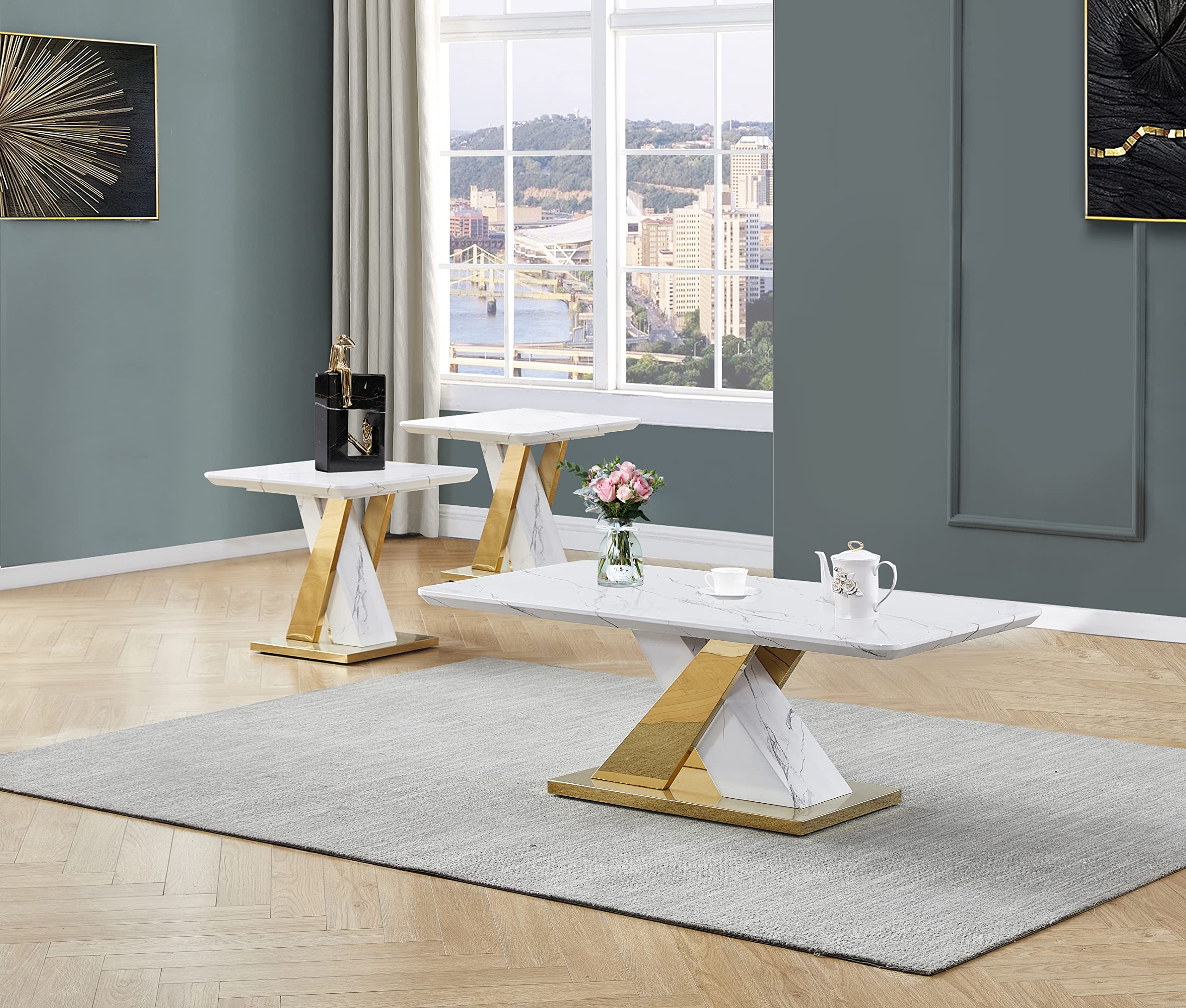 Best Quality Furniture CT297-8-8 Coffee Table Set, White/Gold