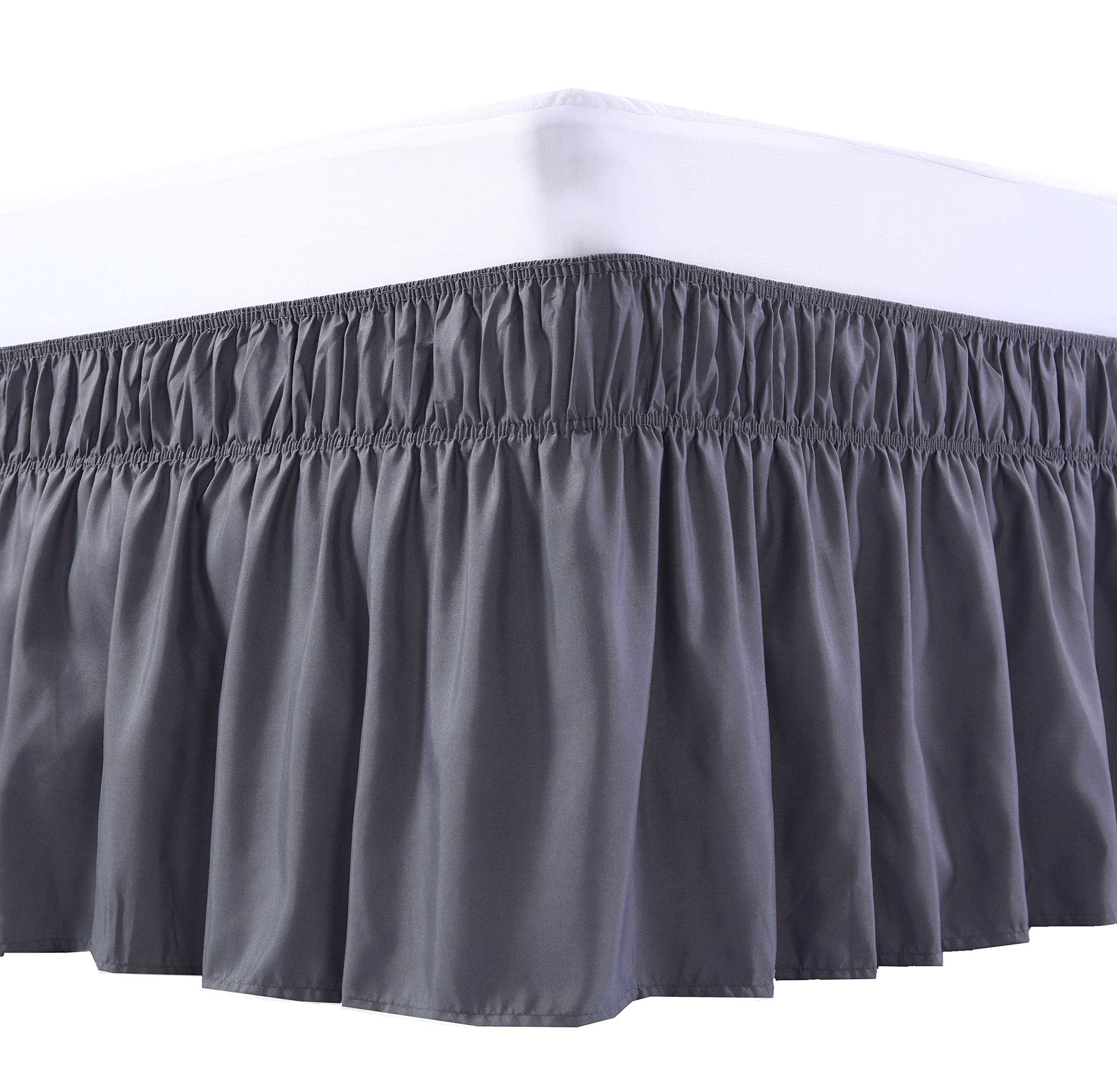 Meila Wrap Around Bed Skirt Three Fabric Sides Elastic Dust Ruffled 24 Inch Tailored Drop,Easy To Install Fade Resistant-Dark Gr