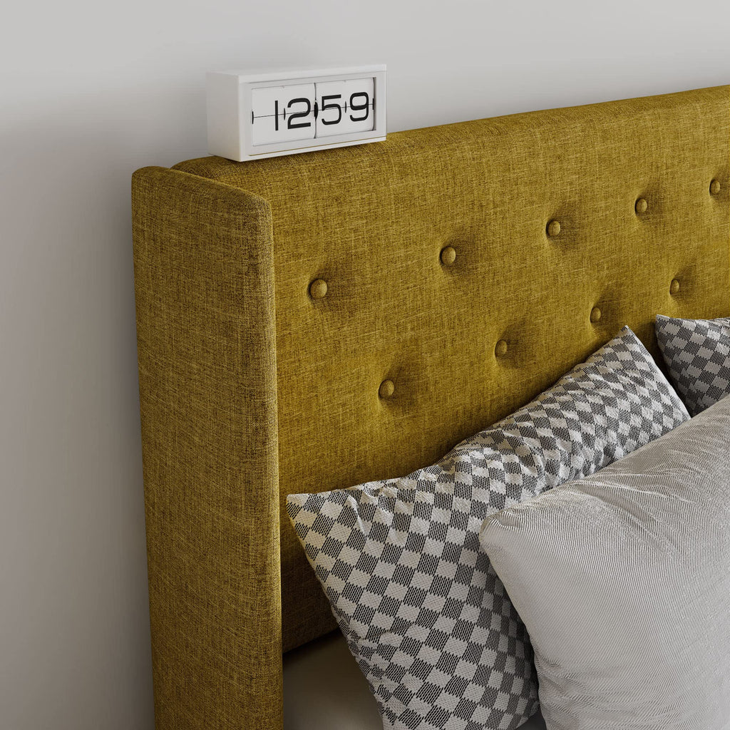 Sha Cerlin King Size Lift Up Storage Bed/Button Tufted Wingback Headboard/Hydraulic Storage/Upholstered Platform Bed Frame/No Box Spring Needed/Wood Slats Support/Olive Yellow