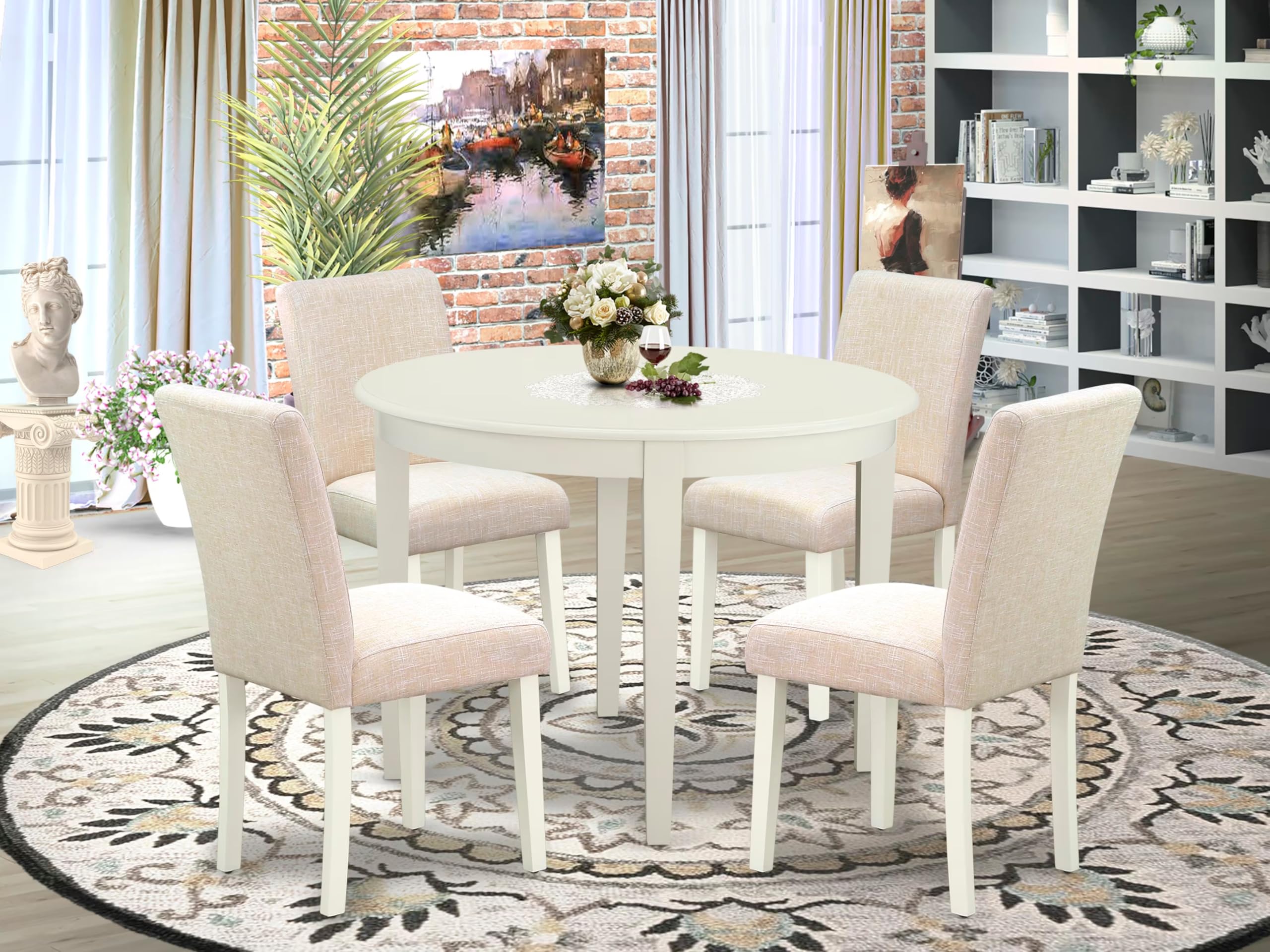 East West Furniture Boab5-Lwh-02 5 Piece Dining Set Includes A Round Kitchen Table And 4 Light Beige Linen Fabric Parsons Dining Chairs, 42X42 Inch, Linen White