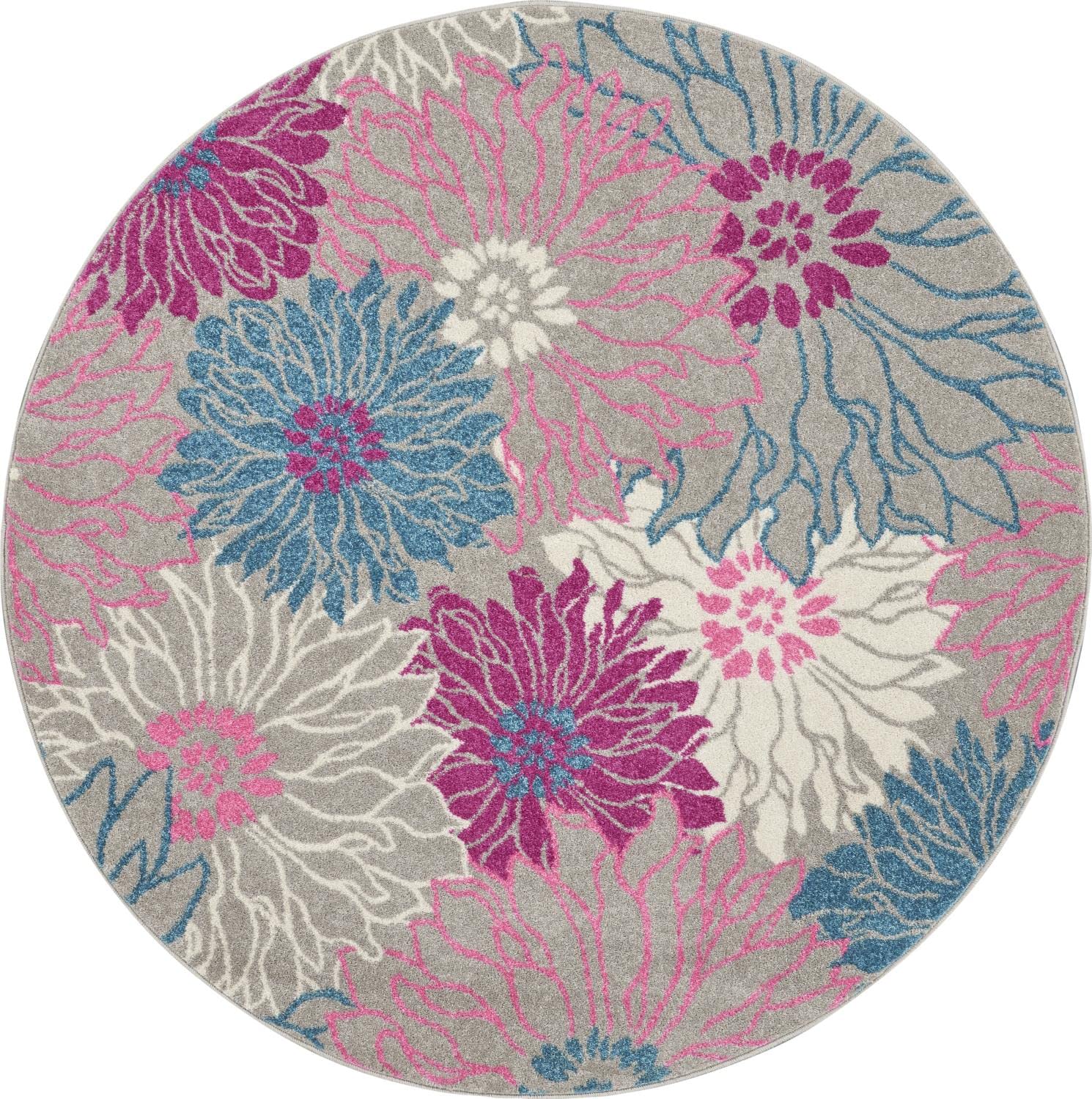 Nourison Passion Grey 5'3' X Round Area Rug, Floral, Farmhouse, Easy Cleaning, Non Shedding, Bed Room, Living Room, Dining Room, Kitchen, (5' Round)
