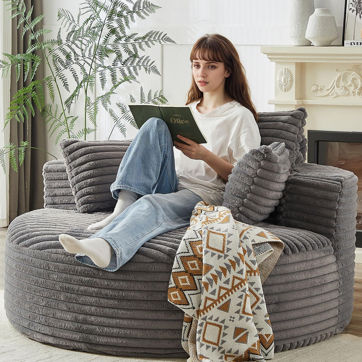 Hzanhy 55'L Corduroy Sponge Single Sofa, Oversized Round Chair,Fluffy Modern Sleeper Chair For Living Room, Loung,E And Project