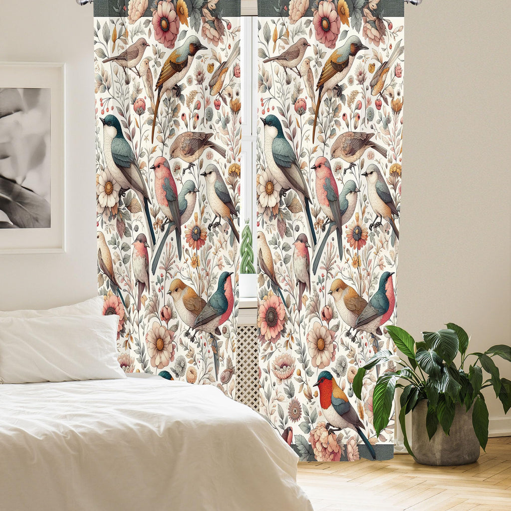 Ambesonne Birds And Nature Curtains, Delicate Spring Chill With Leafy Flowers With Wingy Animals, Window Treatments 2 Panel Set