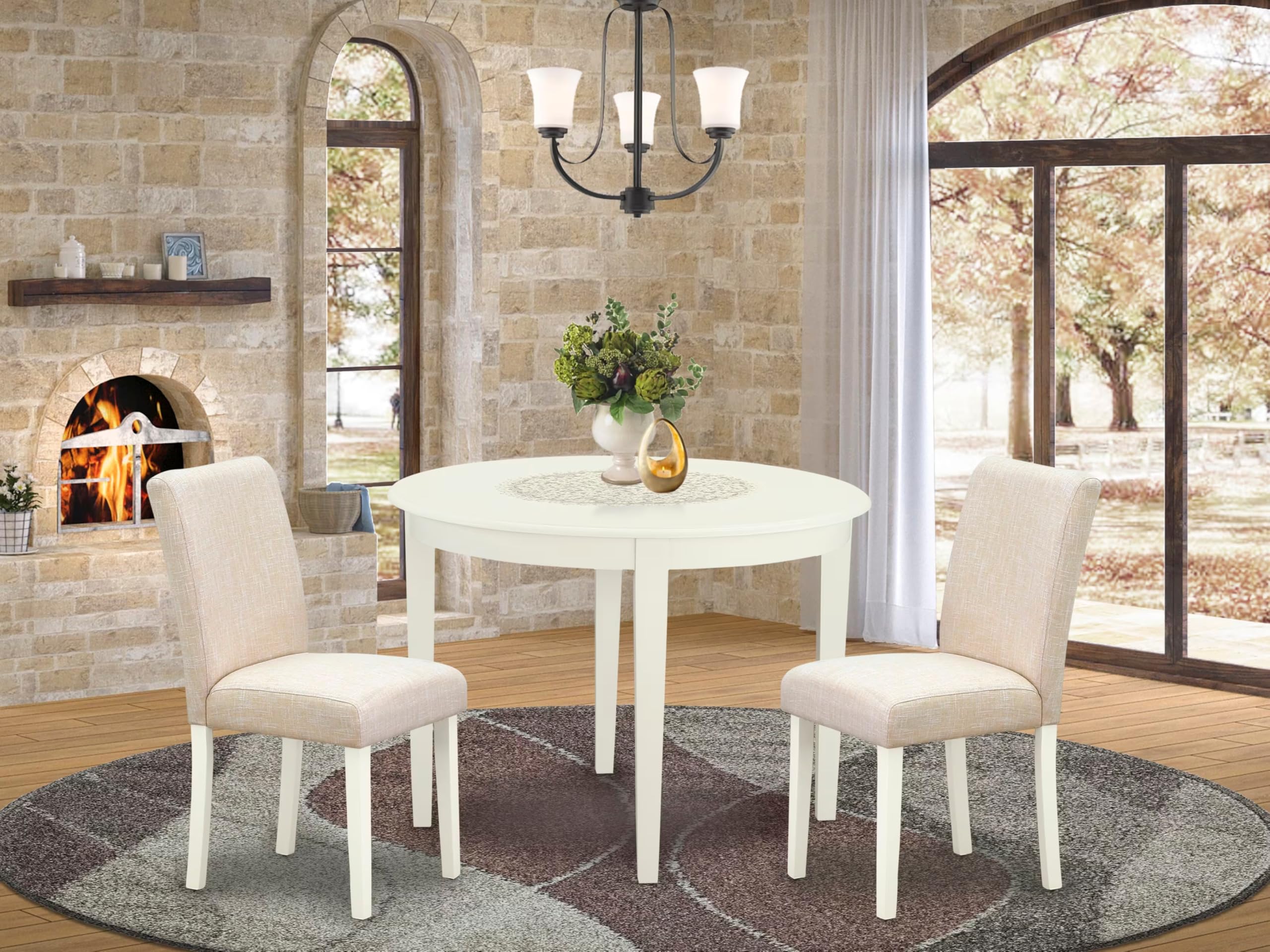 East West Furniture Boab3-Lwh-02 3 Piece Kitchen Table Set For Small Spaces Contains A Round Dining Room Table And 2 Light Beige Linen Fabric Upholstered Chairs, 42X42 Inch, Linen White